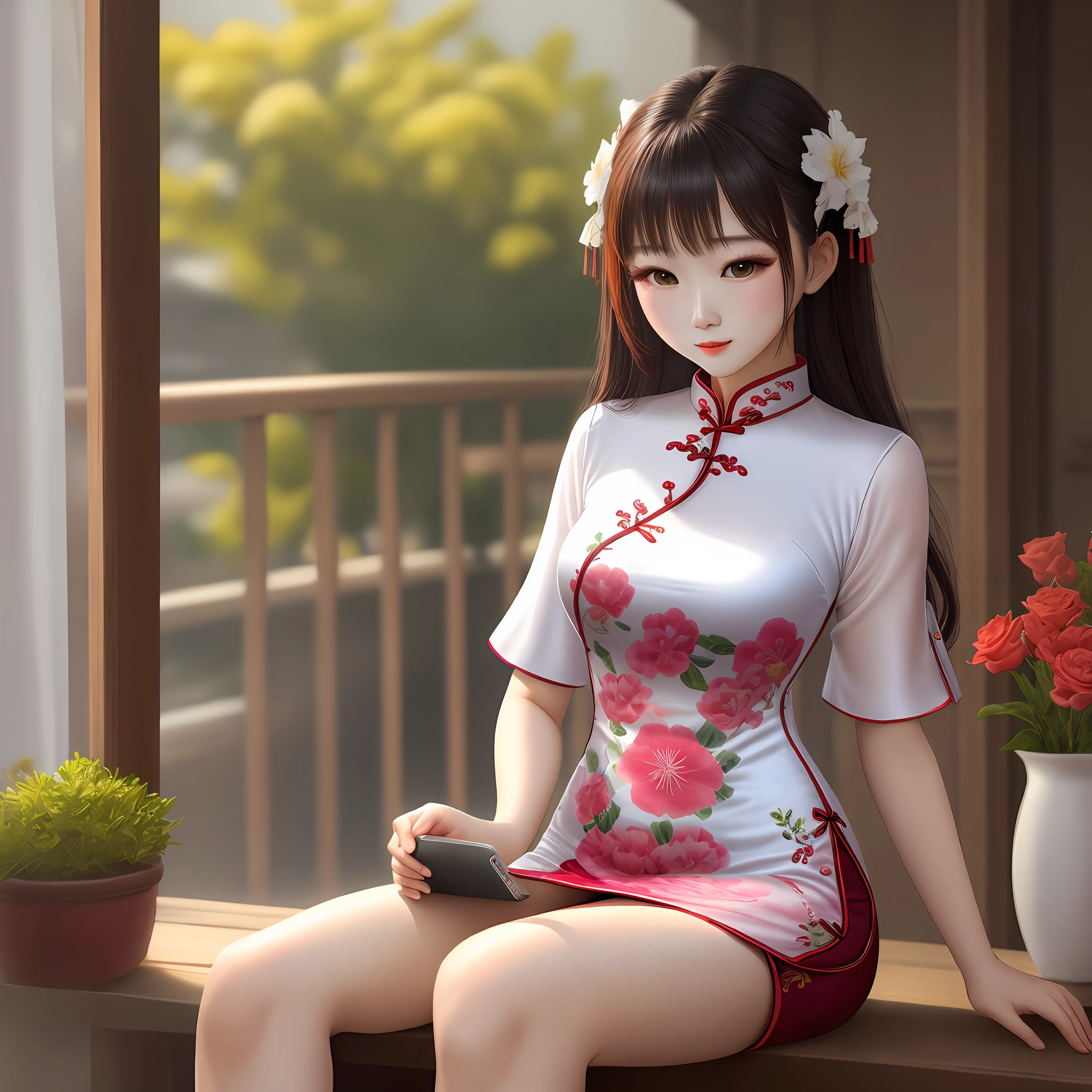 White silk cheongsam beautiful girl