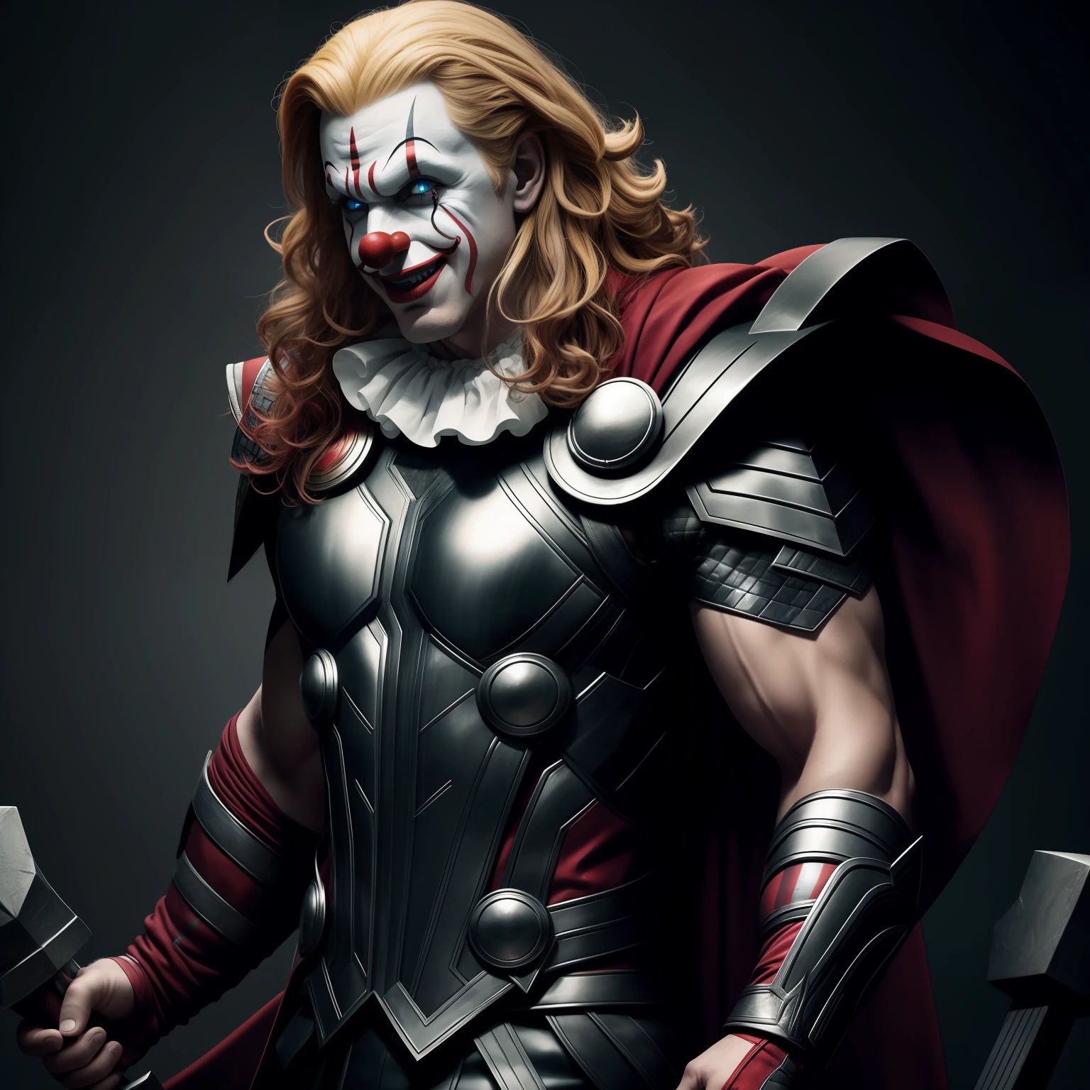 Dramatic Thor as a clown, funny clown face, cinematic, extreem realistic, extreem detailed, extreem Sharp, full body shot