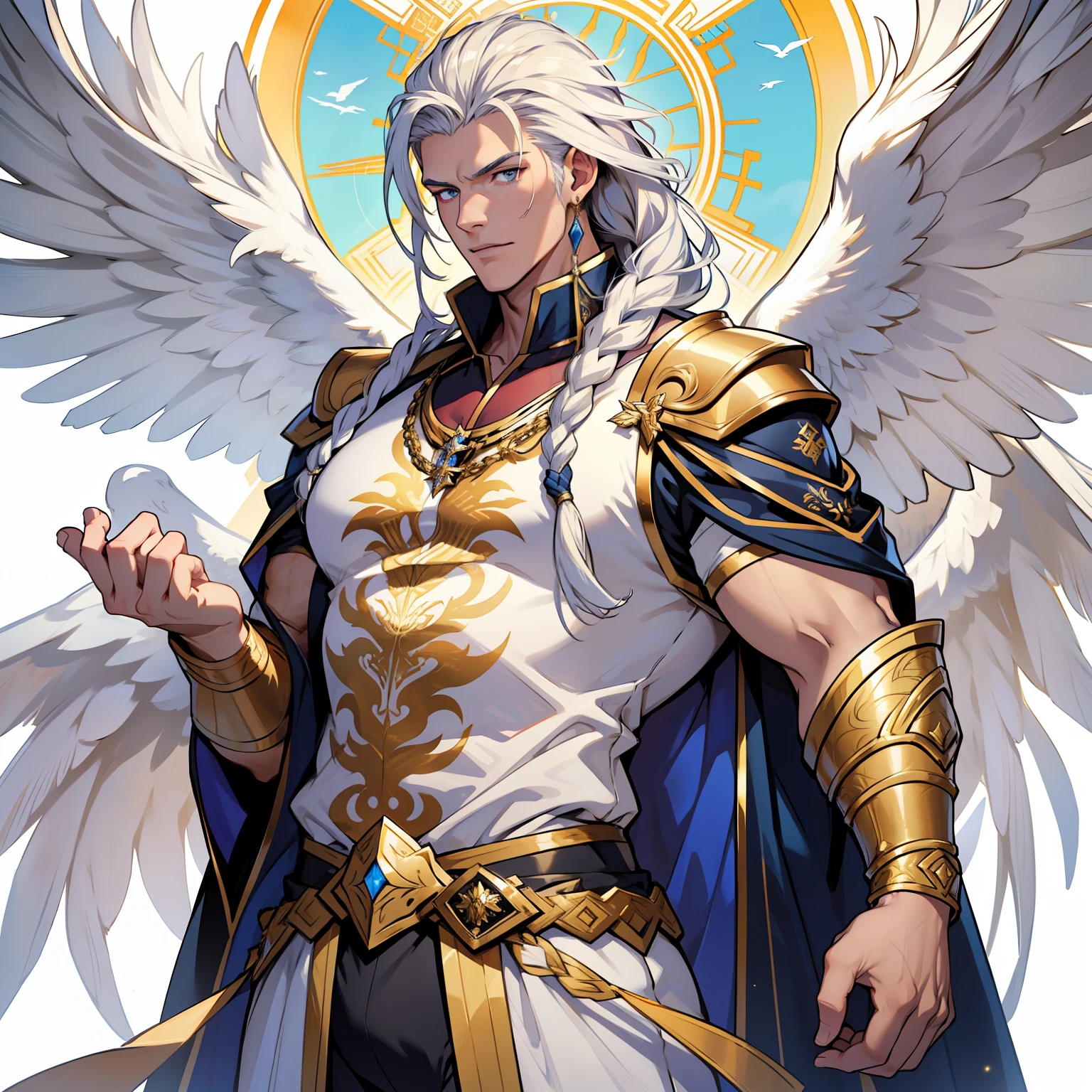 Caius is a handsome male, standing at 7 ft tall, he wears gold and white royal attire. His hair is long and white braided to the side. His eyes are golden brown. He has huge white wings. White Phoenix human form. Big bulge in pants. Detailed hands. Detailed body. Muscular male
