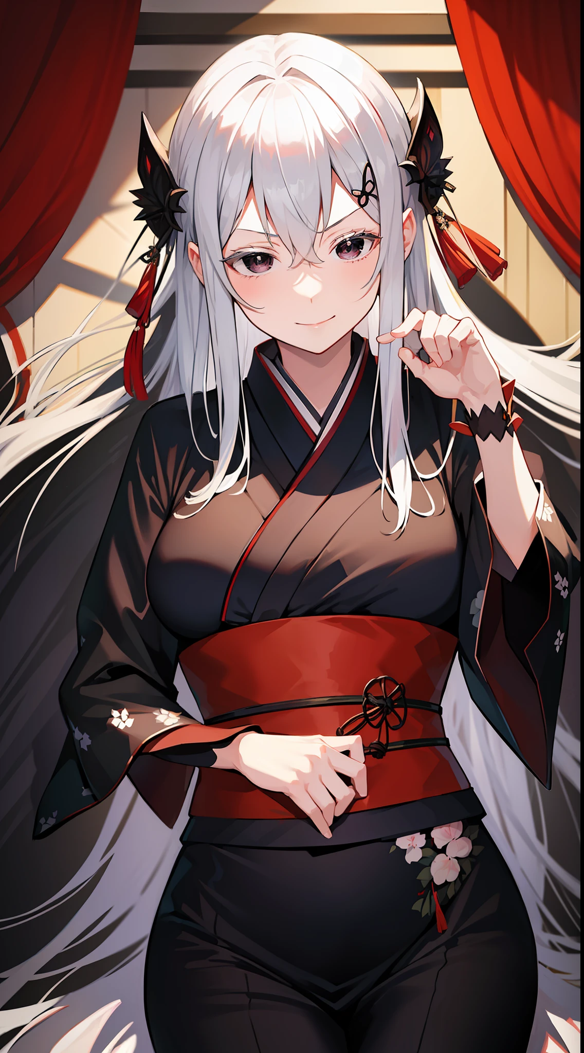 dark kimono, at japanese festival, arrogant expression, domineering smile, masterpiece, best quality, silver hair, black eyes