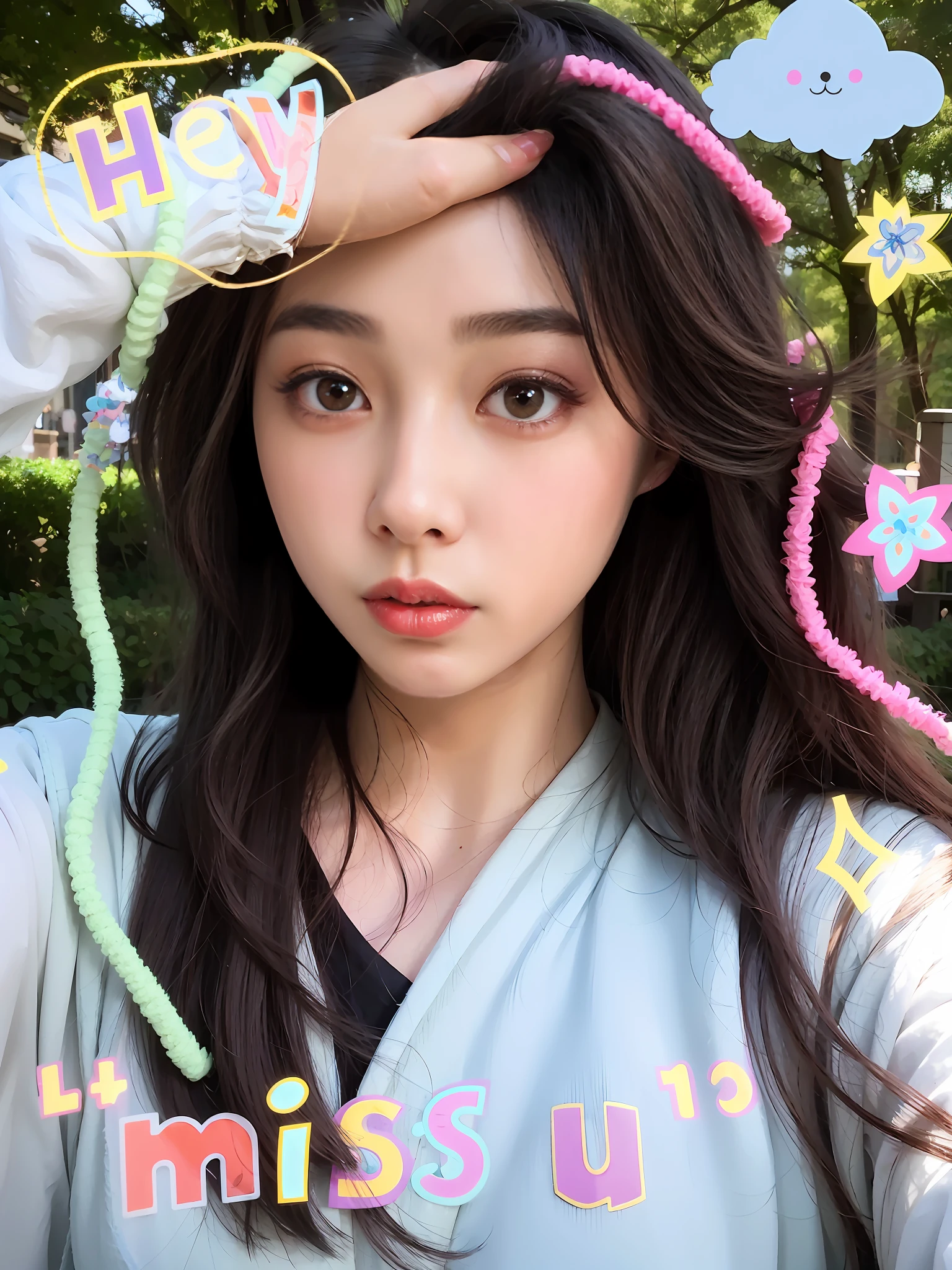 Arad woman with long hair and blue shirt holding a rope, ulzzangs, ☁🌪🌙👩🏾, Ruan cute vtuber, Cartoon Cute, 8k selfie photograph, inspirado por Kim Jeong-hui, 🪔 🎨;🌞🌄, Colorful]”, coloured photo, sakimichan, portait photo profile picture