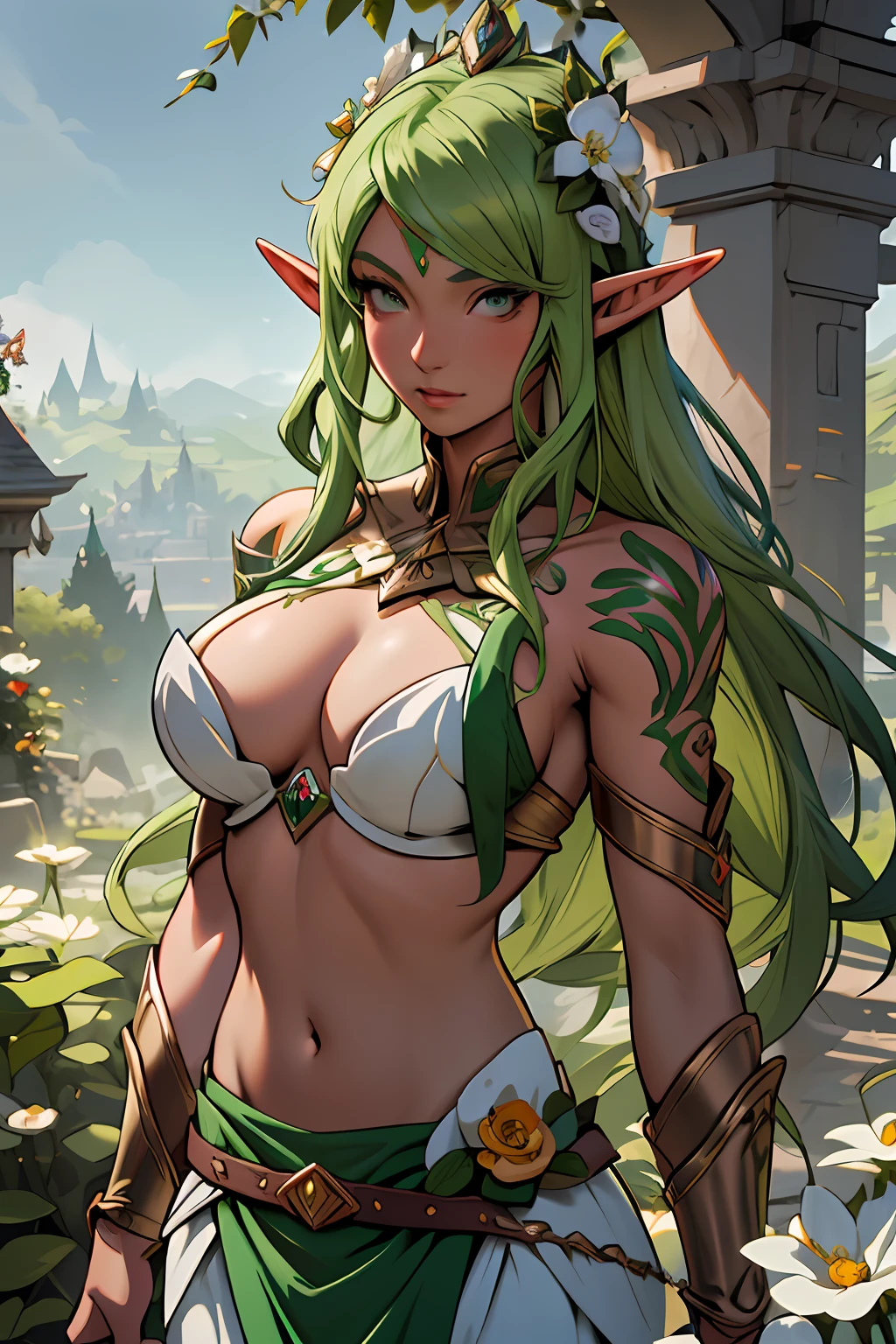 Close-up of an elf woman with green hair, Elf Girl, Extremely detailed Artgerm, elf princess knight, fairy queen, An elf queen, wlop rossdraws, Female elf, Elf Princess, Artgerm on ArtStation Pixiv, elf girl wearing an flower suit, Fanart Meilleure ArtStation, portrait of an elf queen