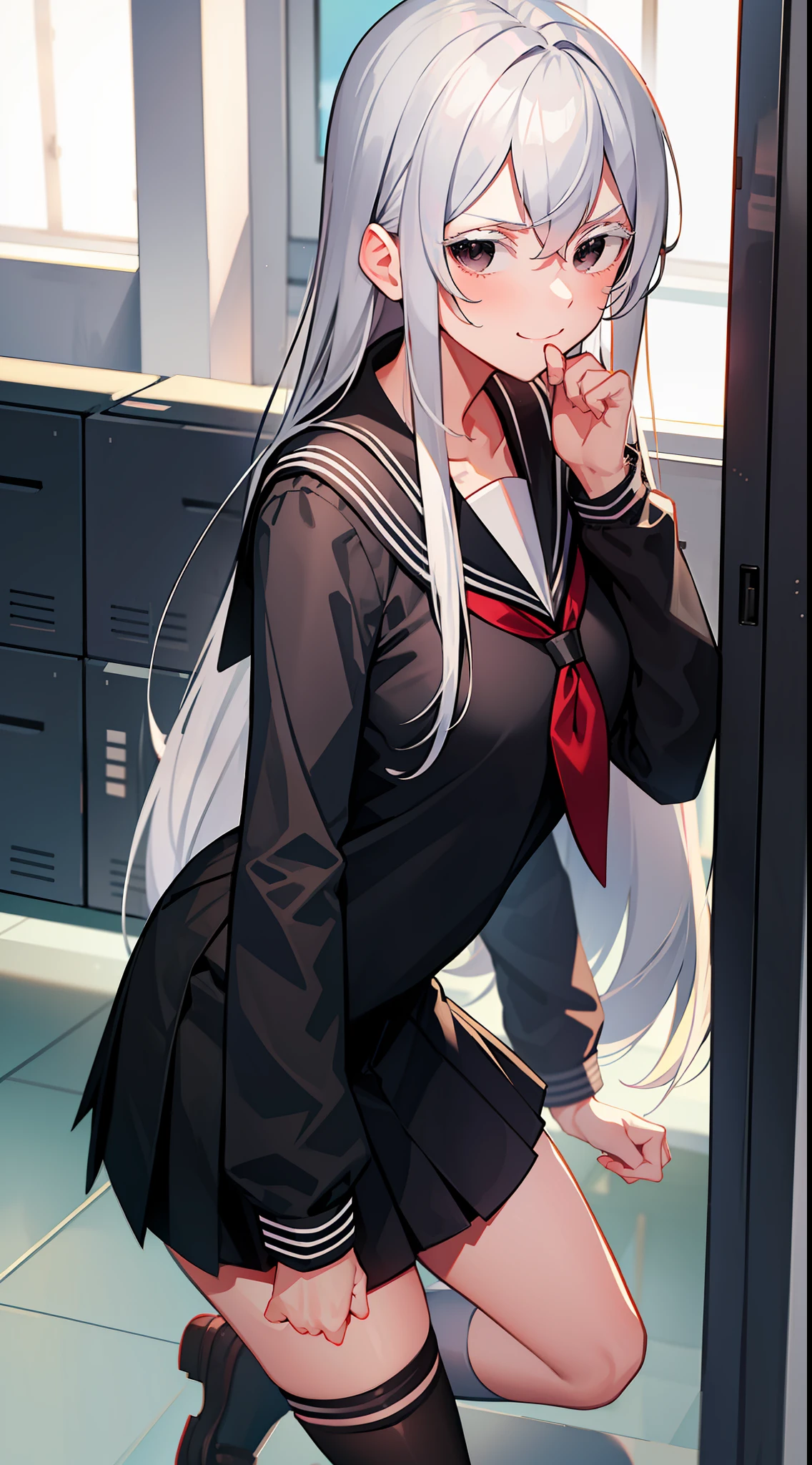 school sailor uniform, at school, near shoe lockers, arrogant expression, domineering smile, masterpiece, best quality, silver hair, black eyes