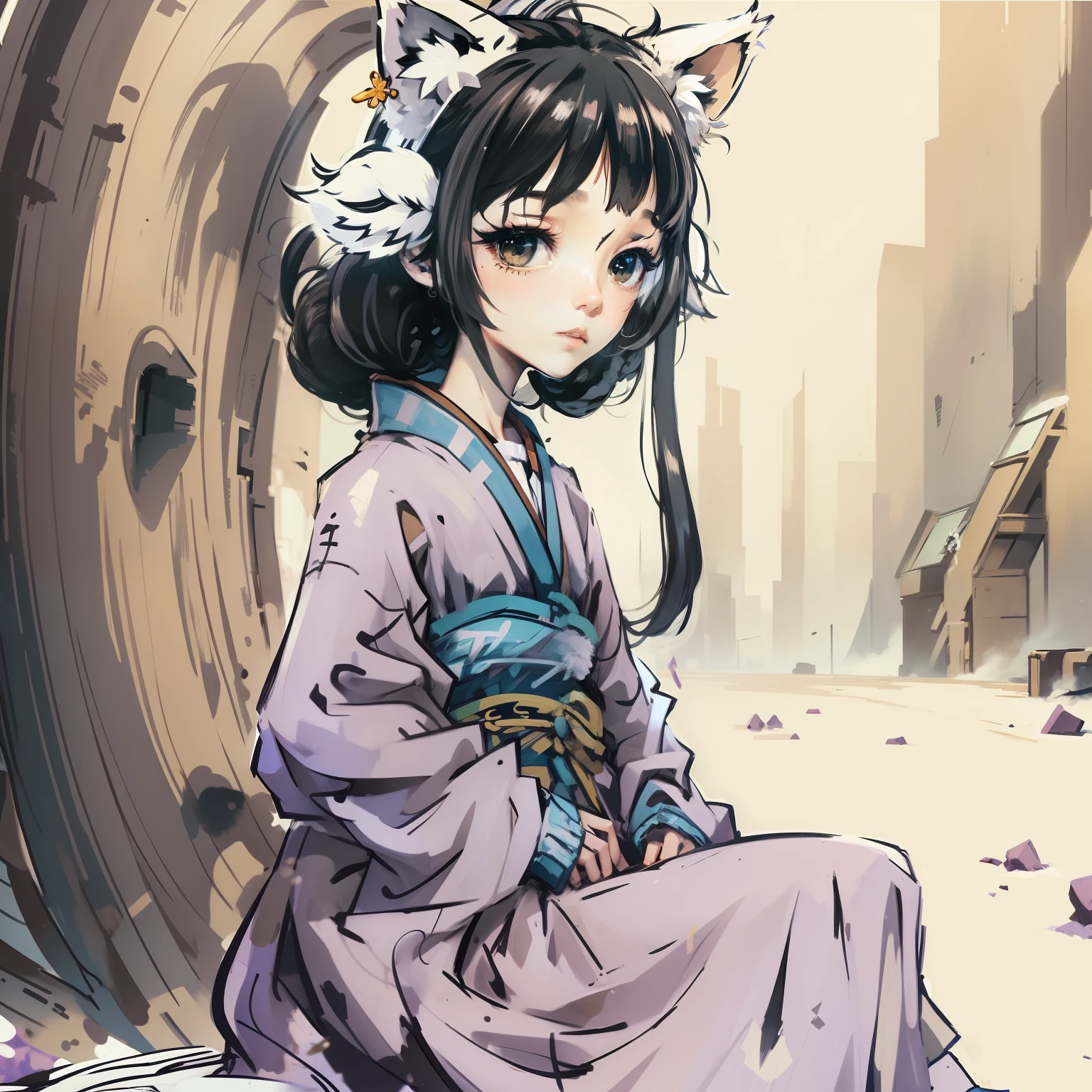 Kizi，Manteau blanc，whaite hair，beast ear，Sat down，ancient wind