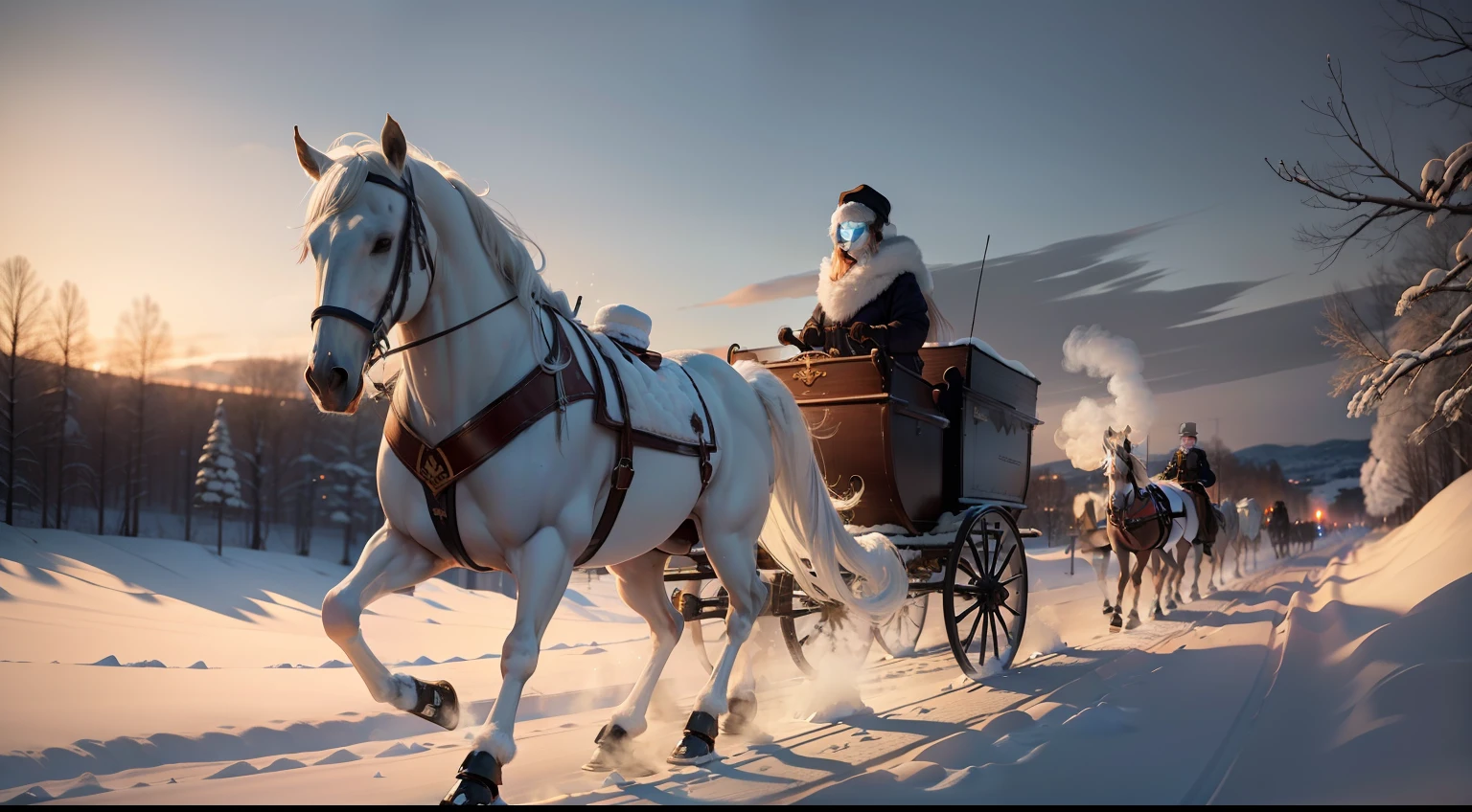 Sweden at dusk with snow、2Carriage of white-headed horses、Running with snow smoke、A cute girl is riding、Low angle shooting