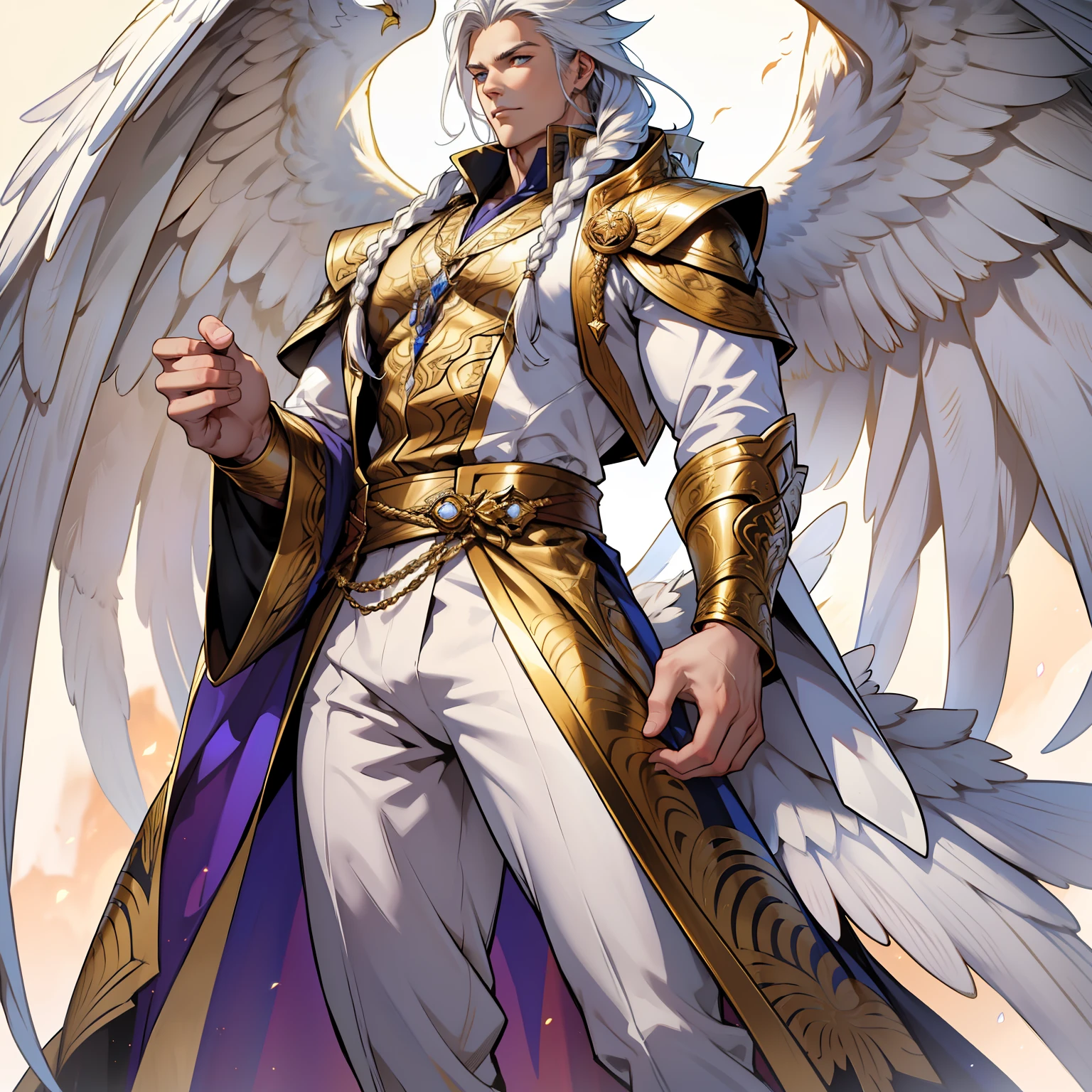 Caius is a handsome male, standing at 7 ft tall, he wears gold and white royal attire. His hair is long and white braided to the side. His eyes are golden brown. He has huge white wings. White Phoenix human form. Big bulge in pants. Detailed hands. Detailed body. Muscular male