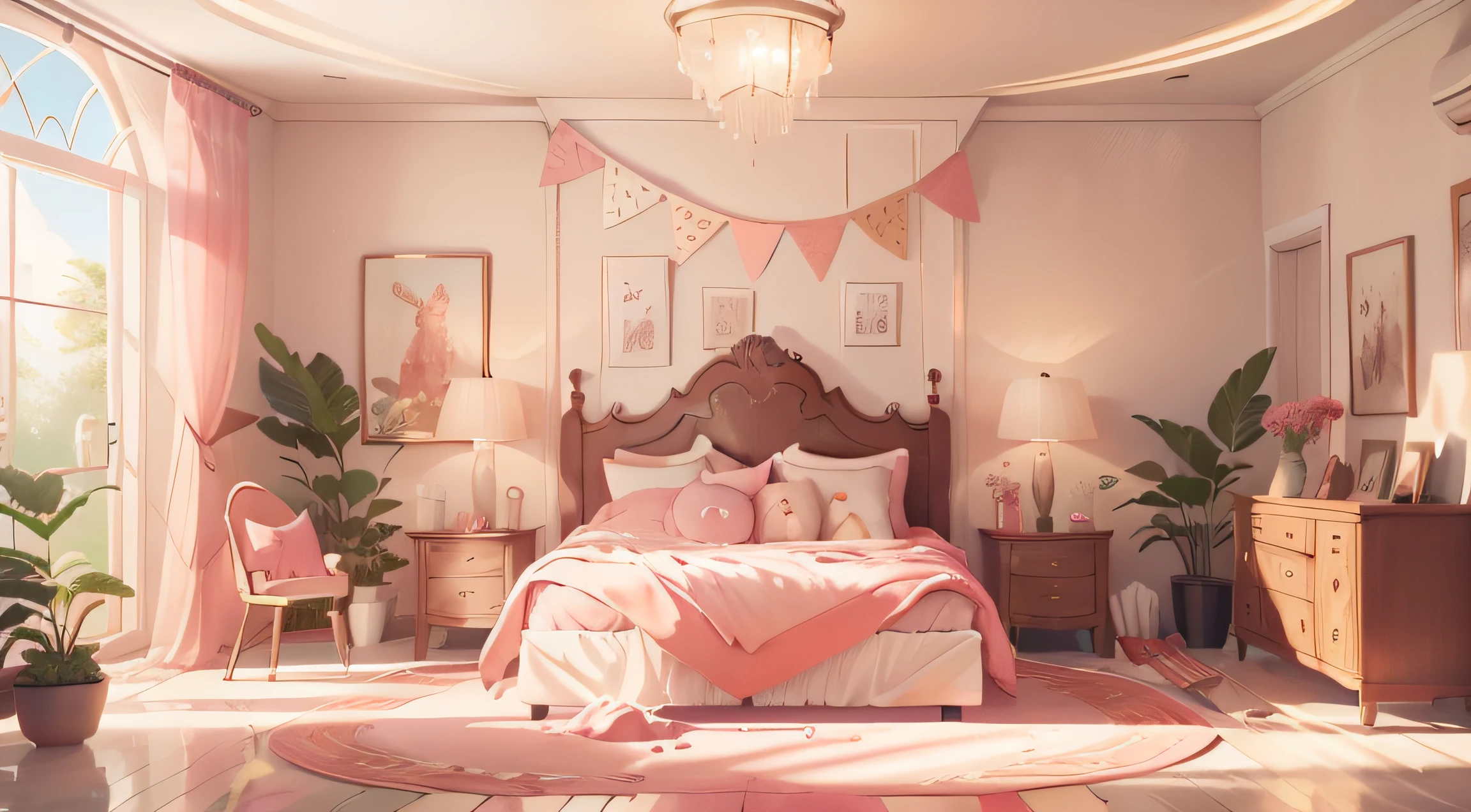 Interior design，There are no characters，Children's bedroom furniture with toys， line art， illustratio， best qualtiy， tmasterpiece， 超高分辨率， perfectquality， Clear focus， （tmasterpiece： 1.2） （realisticlying： 1.2） （bokeh） （best qualtiy） （Complicated details） （8K） （sharp-focus），Cute pink，More natural light effects