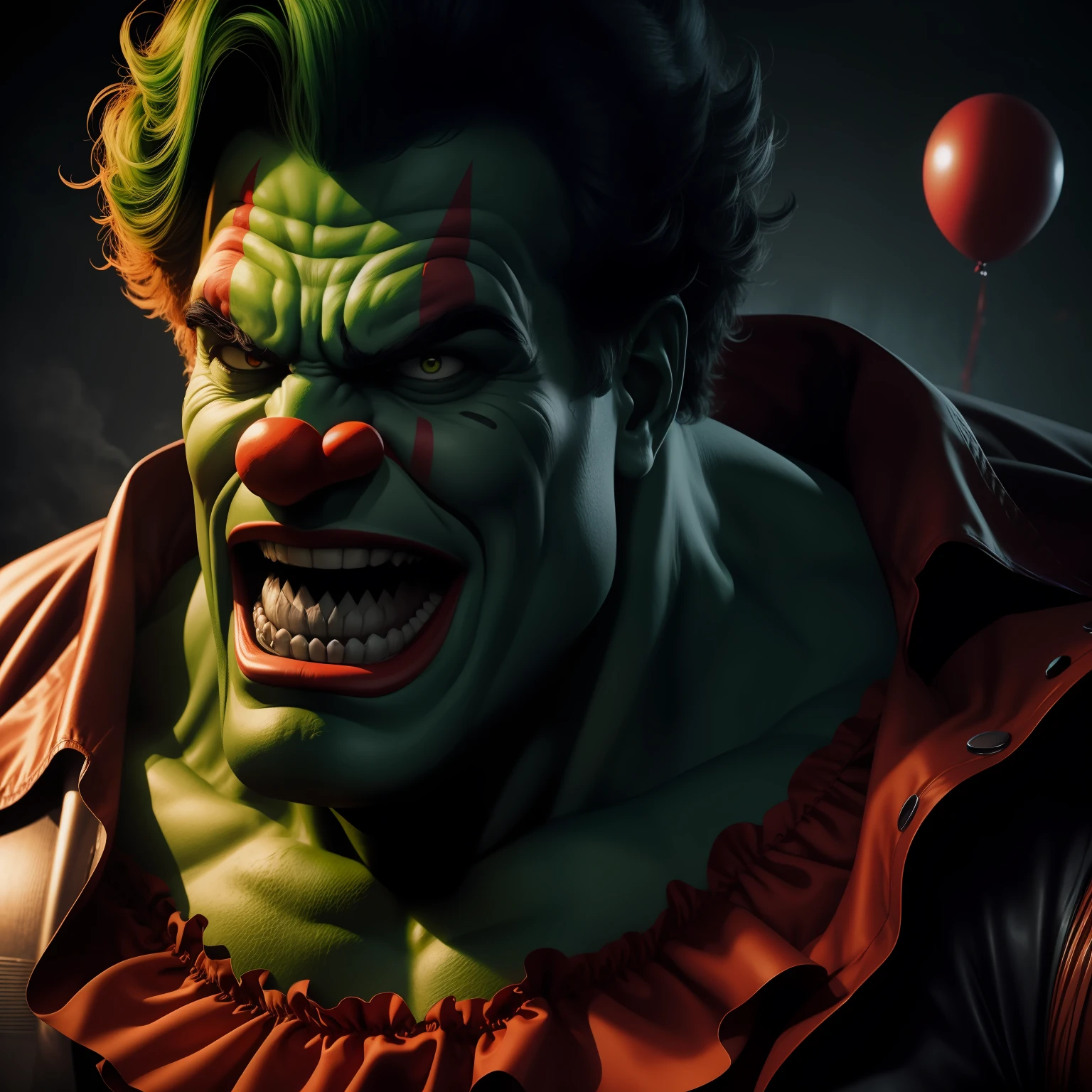 Dramatic hulk as a clown, funny clown face, cinematic, extreem realistic, extreem detailed, extreem Sharp, full body shot