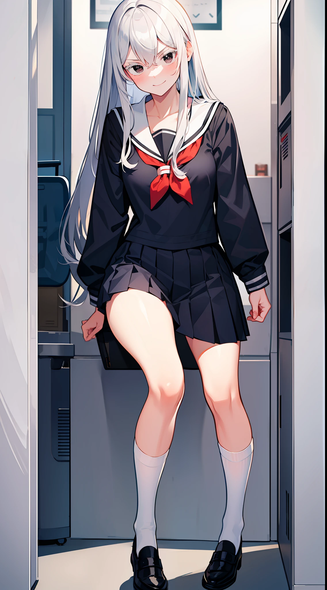 school sailor uniform, at school, near shoe lockers, arrogant expression, domineering smile, masterpiece, best quality, silver hair, black eyes