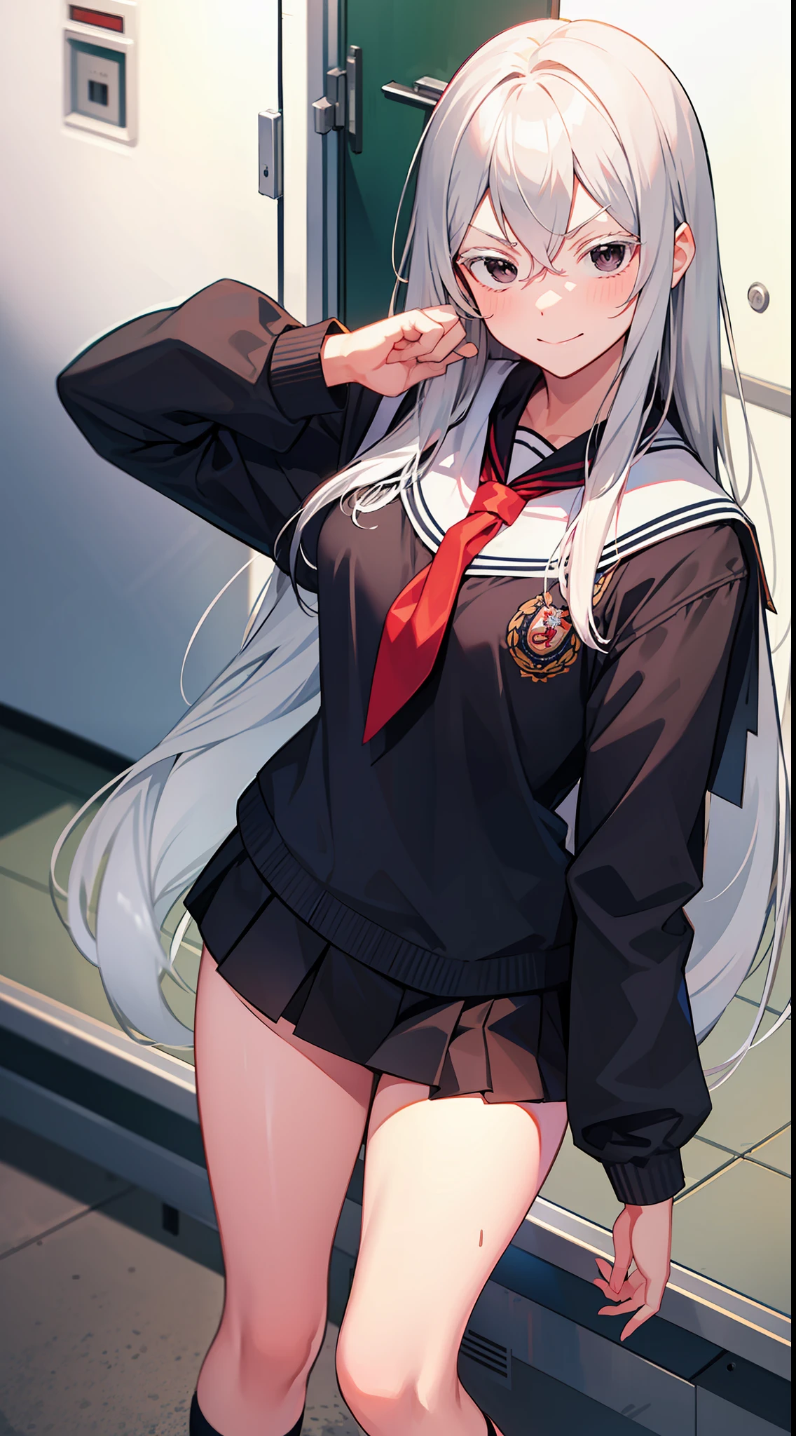 school sailor uniform, at school, near shoe lockers, arrogant expression, domineering smile, masterpiece, best quality, silver hair, black eyes