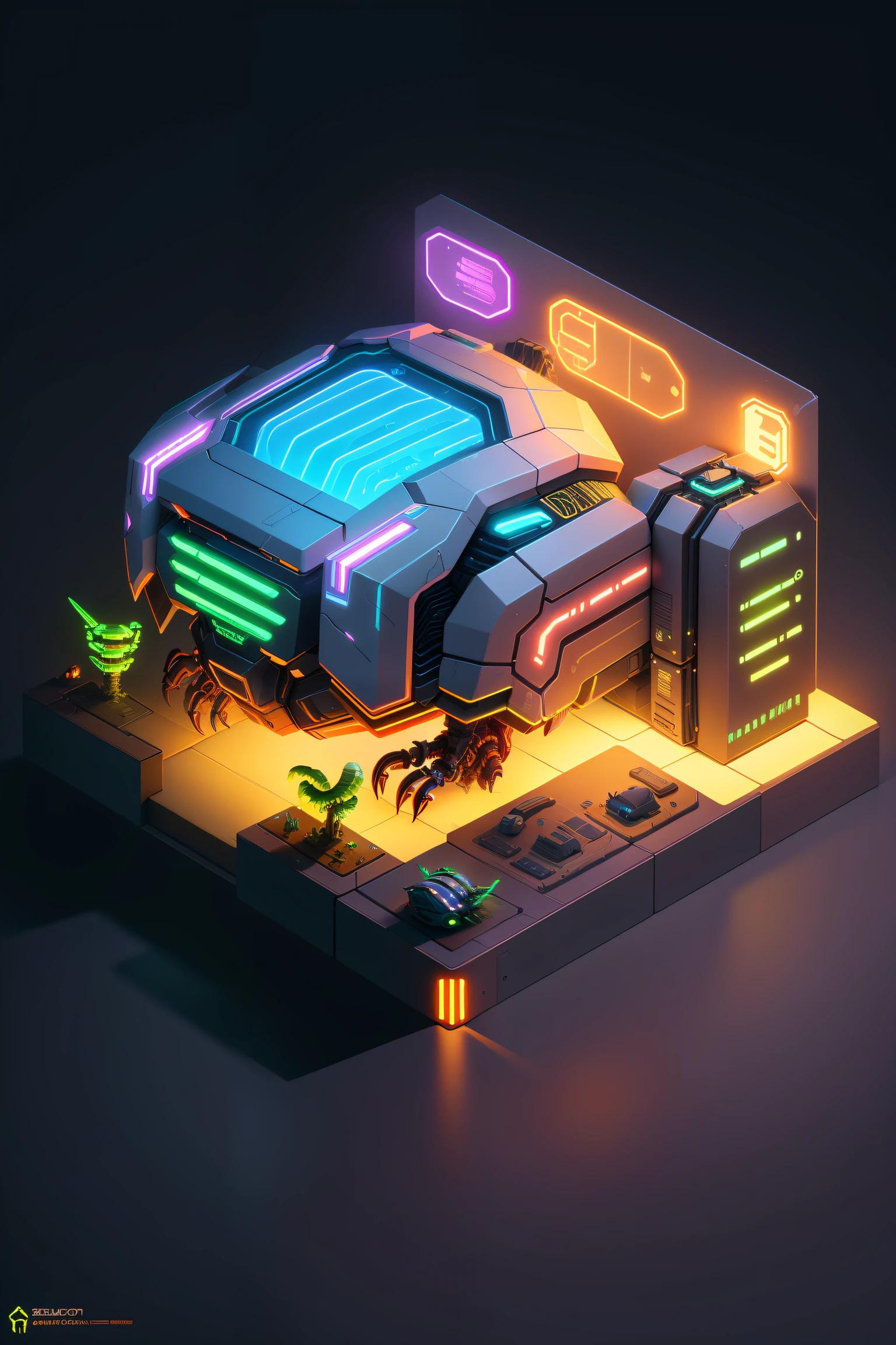 detailed, smooth shading, neon lighting, ((isometric)) render of alien predator sci-fi organic technology world, intricate, elegant, illustration