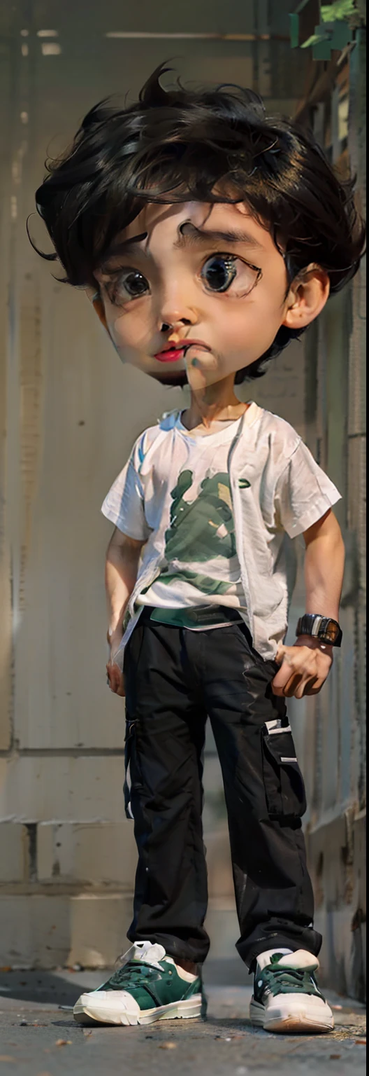 A black wave haired boy, 11 years old, brown eyes , 3d game style, multiple expressions and poses,
character sheet, full body, white T-shirt, green cargo pants, white shoes