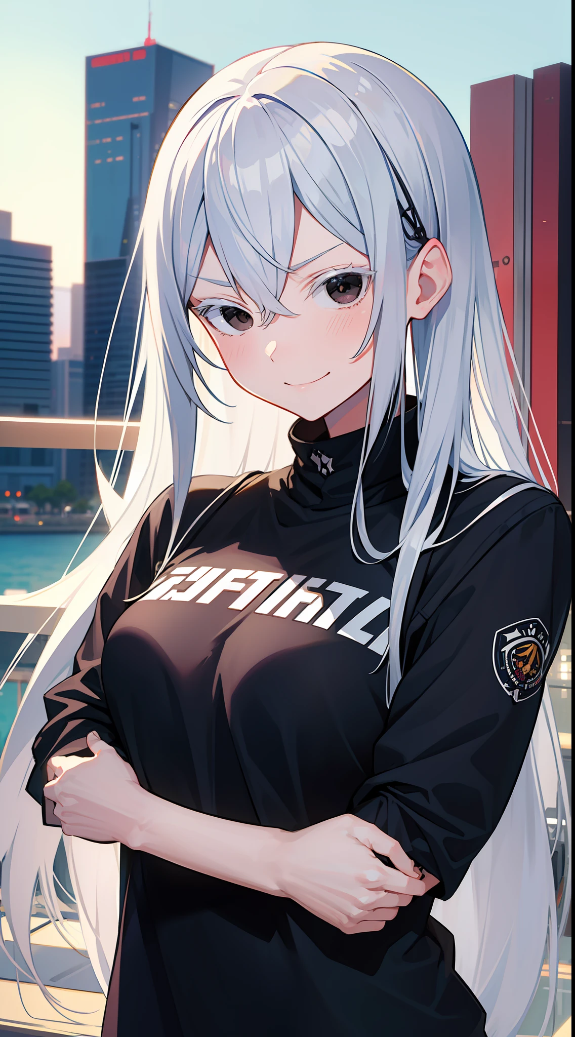 skater outfit, city, tokyo, sunny, arrogant expression, domineering smile, masterpiece, best quality, silver hair, black eyes