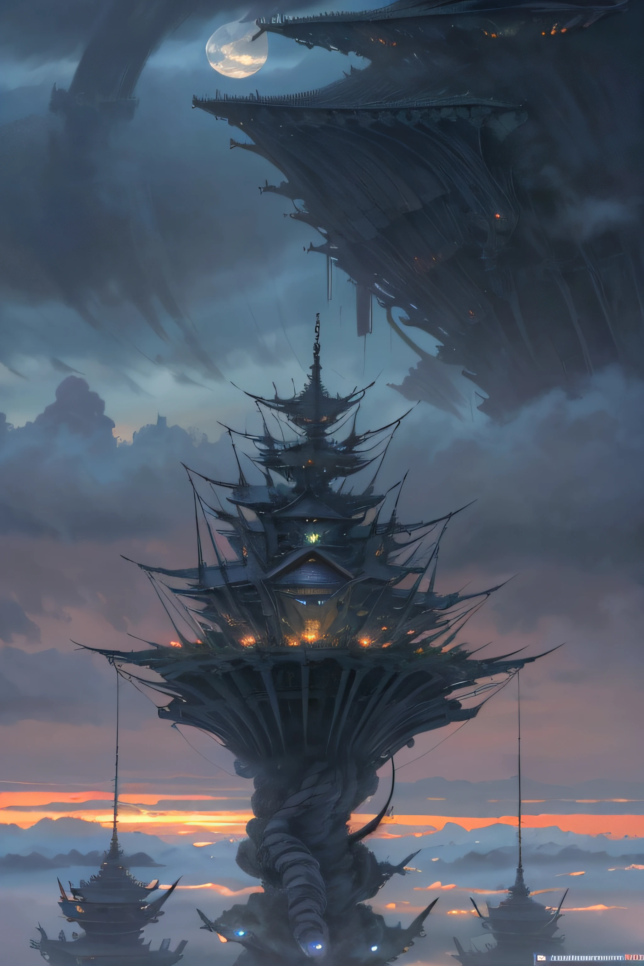((best quality)), ((masterpiece)), (detailed), giant mecha, horror beauty, perched on a cloud, (fantasy illustration:1.3), enchanting gaze, otherworldly charm, mystical sky, (Luis Royo:1.2), (Yoshitaka Amano:1.1), moonlit night, soft colors, (detailed cloudscape:1.3), (high-resolution:1.2)