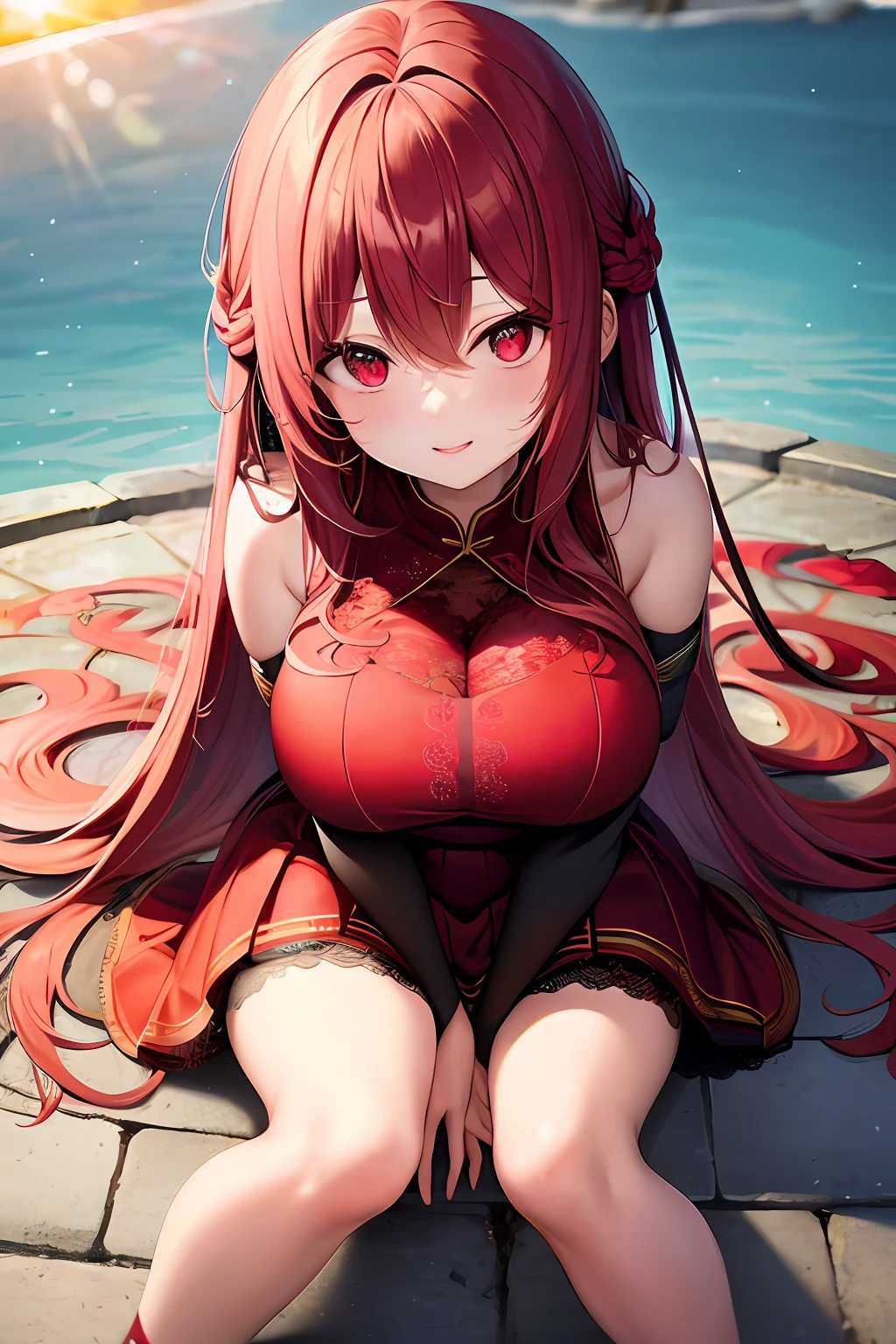 red pupils,The expression is cold,Claret long hair,Dull hair,1个Giant Breast Girl,ssmile,Lace wreath on the legs,setting sun,火焰,in a panoramic view,