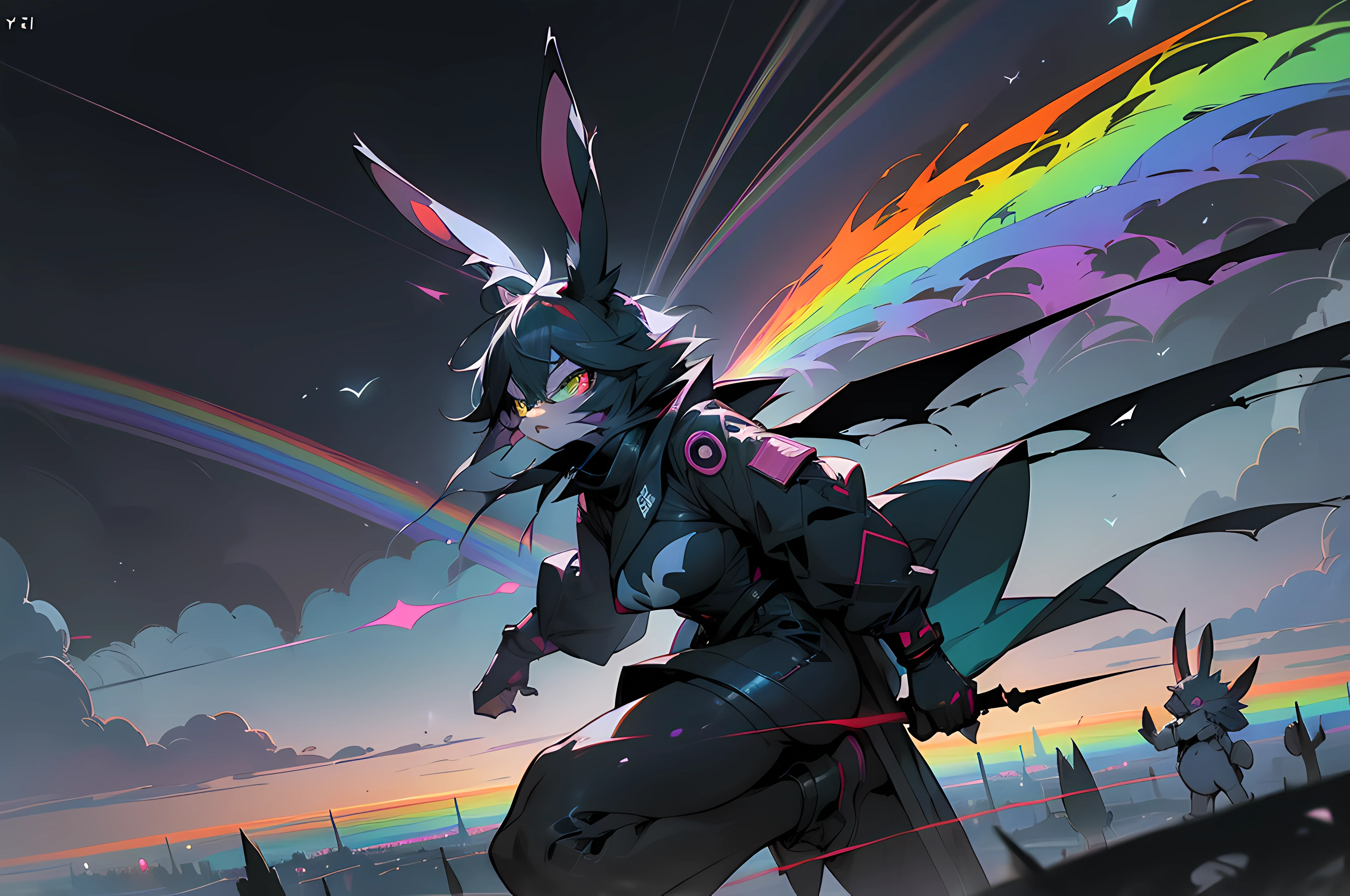 (((crowd of bunny superheroes flying through astral cloud dimension))), (((cyberpunk bleak bleak bleak dark black black black bleak gray))), vampire hunter d, (vintage vhs), (crt screenshot), (((dark scene))), (((dark cloudy scene))), (((angel's egg anime))), (((serial experiments lain anime))), (((dystopian rainbow clouds scene))), (((unlit nighttime scene))), (((dark abandoned cyberpunk astral dimension))), (((angry black anthro kemono furry rabbit fighters with uniforms and tall bunny ears exploring old rainbow clouds))), (((cyberpunk dystopian rainbow clouds filled with glowing stars))), anime black rabbit superheroes with futuristic hair and piercing glowing eyes and tall bunny ears, anime art, anime aesthetic, (((old rainbow thunderstorm in background cel art))), kemono anime rabbits, wearing cybernetic bunny ears, angry fighters --v6