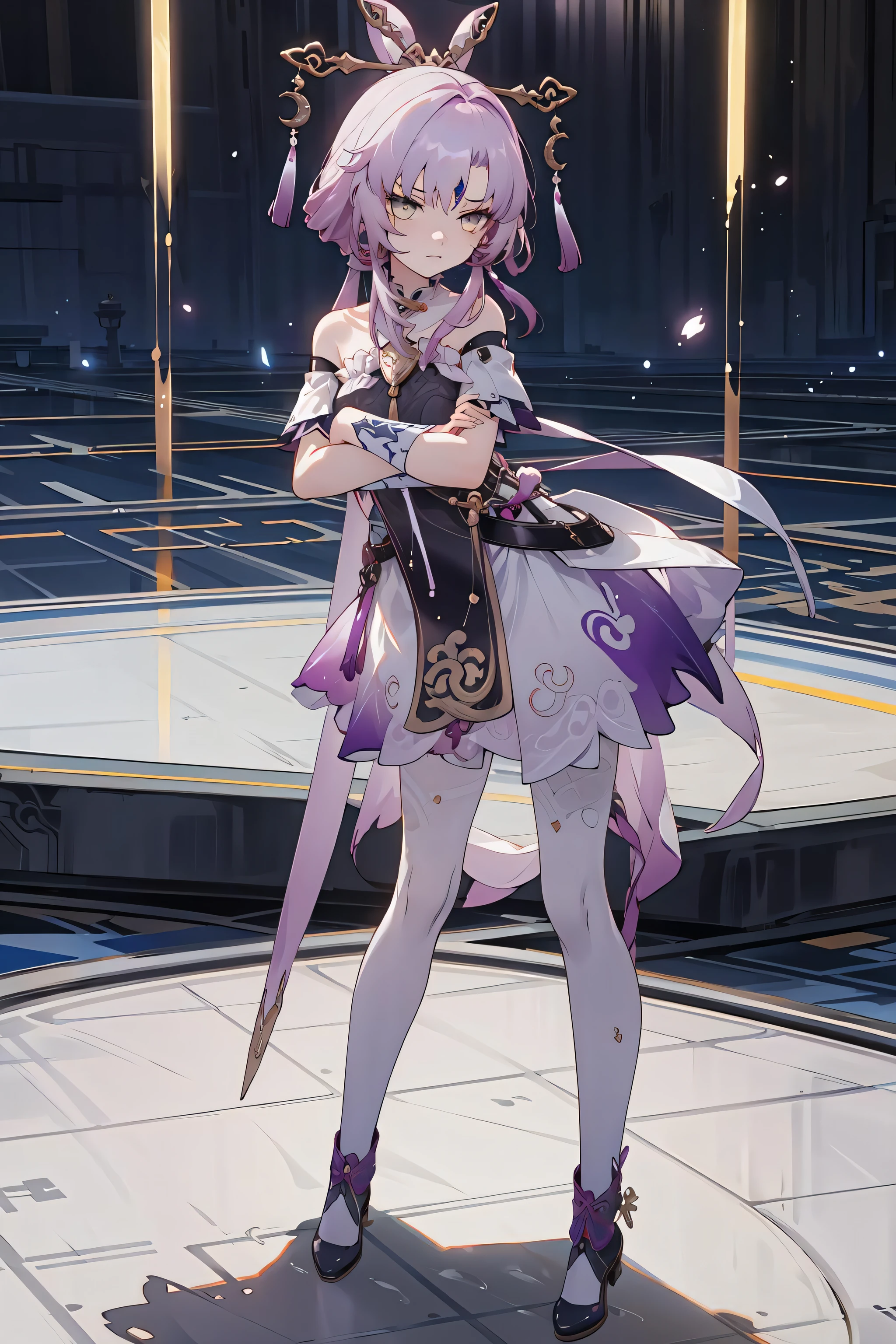 ((masterpiece,best quality)), highres, 1girl, fuxuan, crossed arms, standing, leaning forward, unhappy,