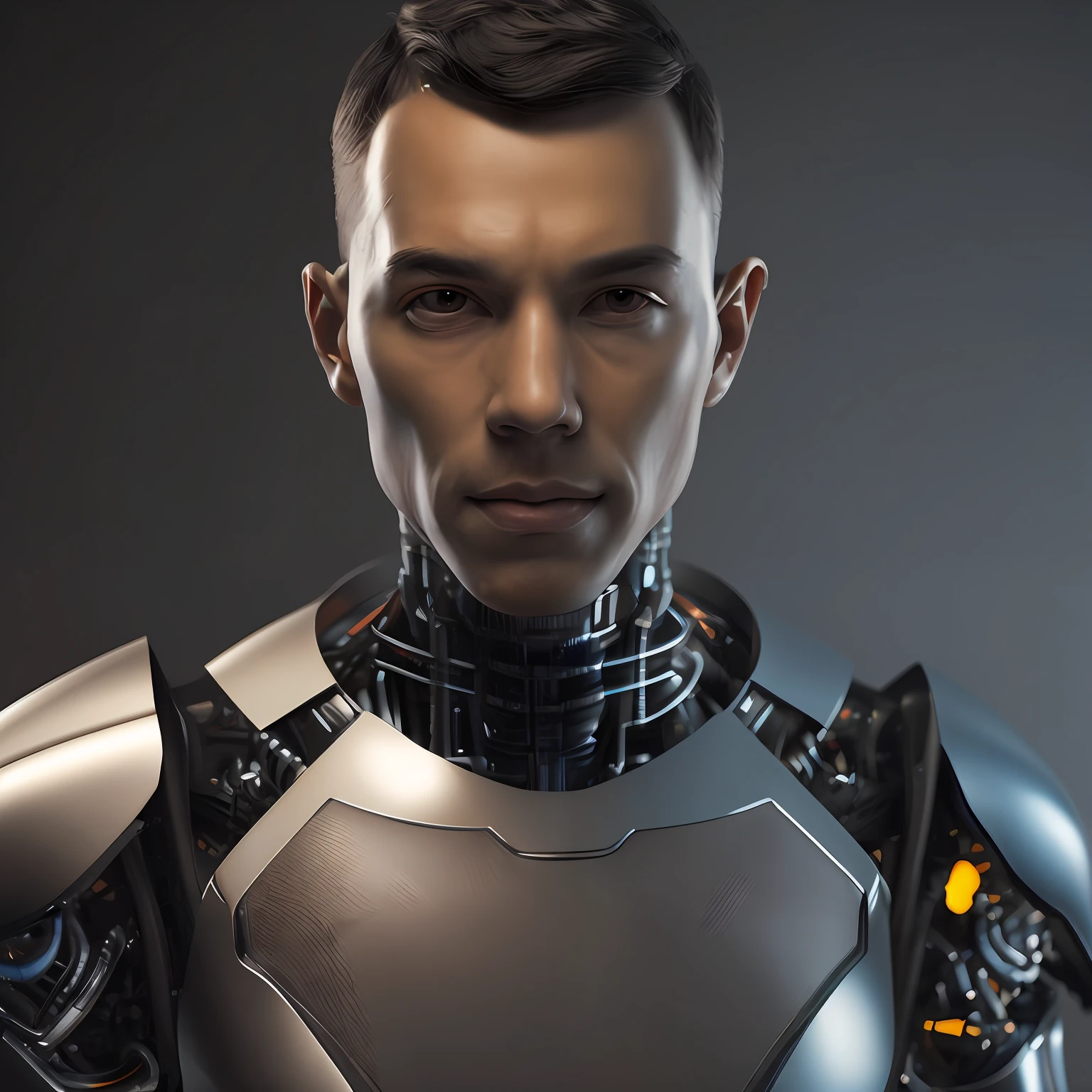 Realistic portrait of a robot with artificial intelligence, Guy, Ahead of video surveillance, The body looks at the camera, Looking at the viewer from the front, anatomically correct, photografic, detailed skin, Realistic, Dark background, photo-realistic, 8K, Highly detailed, full length frame, soft-lighting, Shallow depth of field, sharp-focus, hyper realisitc, Cinematic lighting