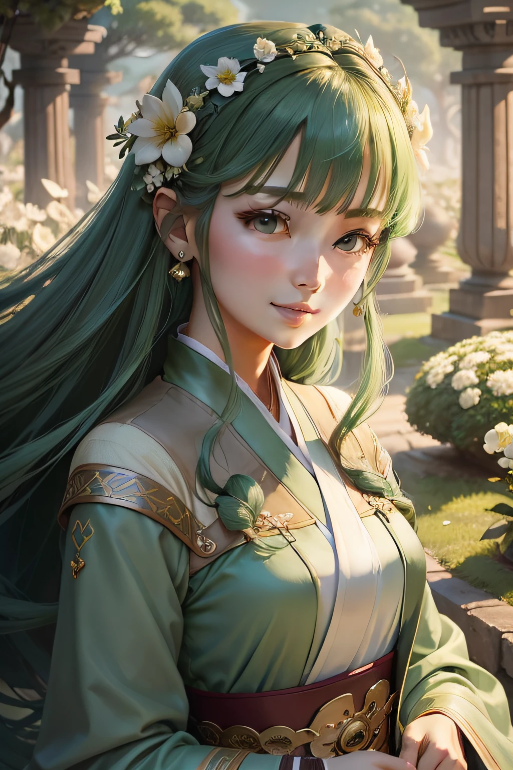 ancient wind，Absolutely beautiful royal sister，Gentle smile，Light green hanfu，brunette color hair，highly details，Wonderland background
