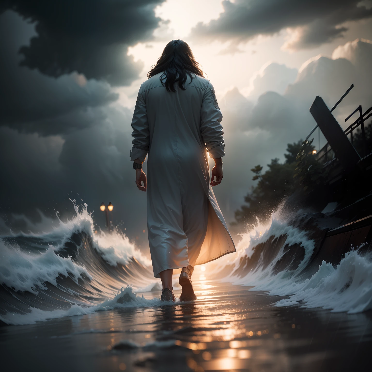 jesus walking on water in a storm, masterpiece, best quality, high quality, extremely detailed CG unit 8k wallpaper, award winning photography, Bokeh, Depth of Field, HDR, bloom, Chromatic aberration, photorealistic, extremely detailed, trending on artstation, trending on CGsociety, intricate, high detail, dramatic, mid-journey art, volumetric lighting