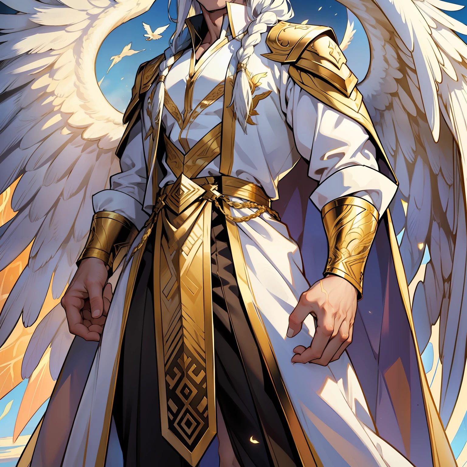 Caius is a handsome male, standing at 7 ft tall, he wears gold and white royal attire. His hair is long and white braided to the side. His eyes are golden brown. He has huge white wings. White Phoenix human form. Big bulge in pants. Detailed hands. Detailed body. Muscular male