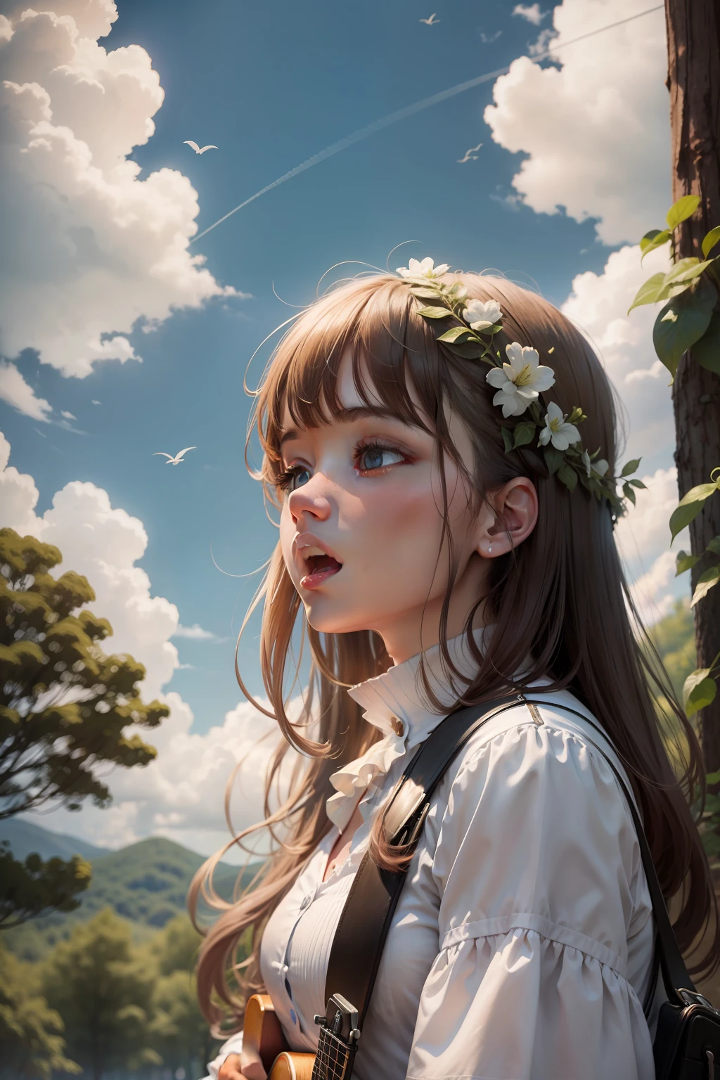 Under the blue sky and white clouds,at a forest,There was a girl singing