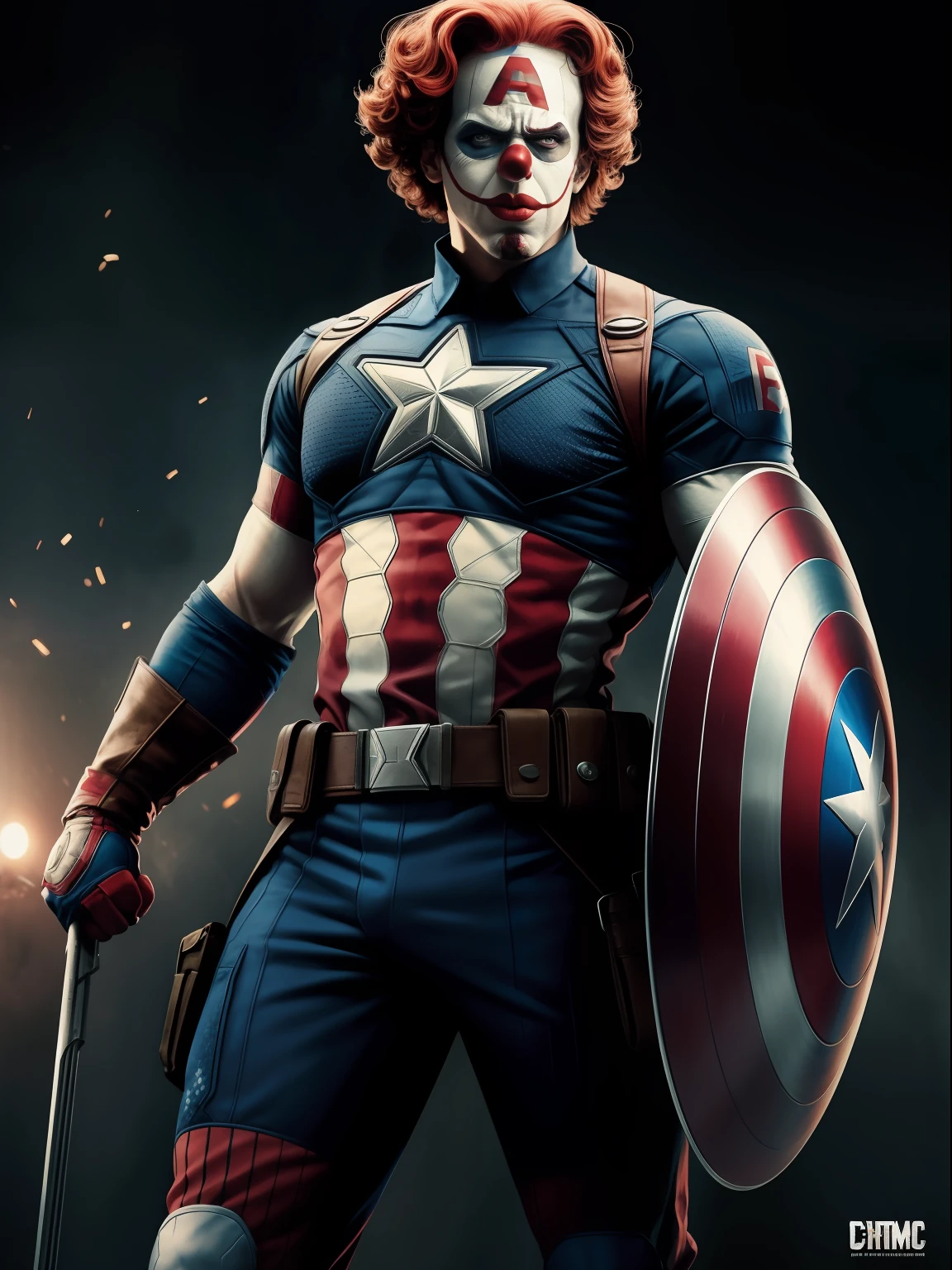Dramatic captain America as a clown, funny clown face, cinematic, extreem realistic, extreem detailed, extreem Sharp, full body shot