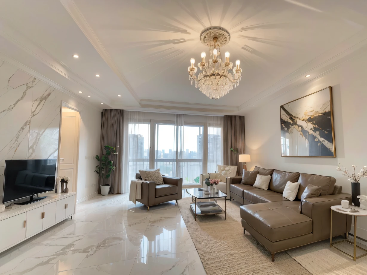 ，masterpiece, best quality，8k, ultra highres，Step into the living room，Huge crystal chandeliers hang from the high ceiling，radiating with light，It's like in the court。On the white marble floor are leather sofas with a sense of design，Delicate soft fleece blankets are embellished。On one wall is a grand mural，A magnificent view depicting natural landscapes，It is as if the whole space is integrated with nature。Through large glass windows，It overlooks the bustling night view of the city。Here is comfort、posh、A dream living room full of artistic atmosphere，Incredibly welcoming，Make people linger。