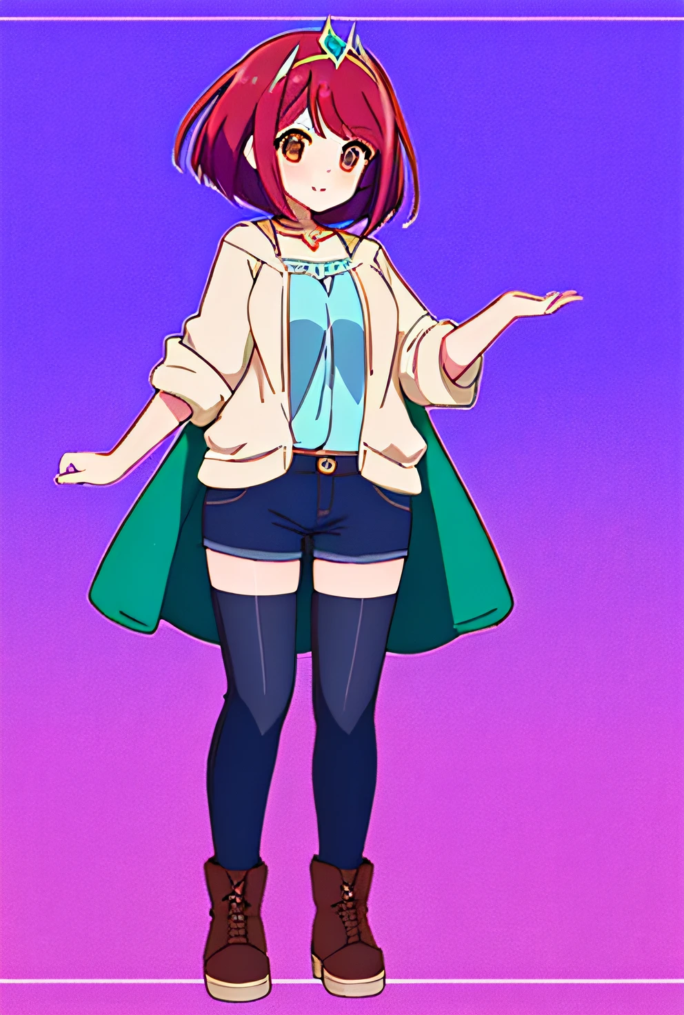 (woman in casual clothes, Vermilion hair, Red-haired、Bob Hair, emerald tiara, Cute face、Clear eyes、Brown eyes、Anime style like Xenoblade、top-quality)
