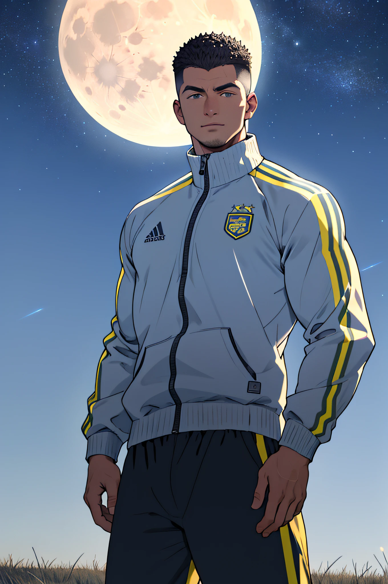 Draw a full-fledged footballer,Standing on the steppe at night,He was wearing a tracksuit,The man looks confident and determined,looking-down,Crew cut,full bodyesbian,Stars dot the sky,shooting from below,Big moon highlights background