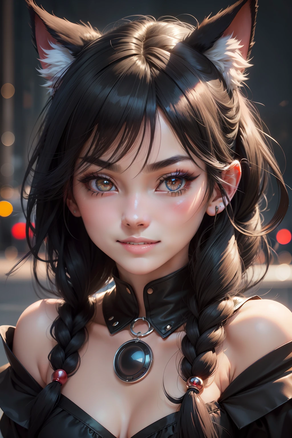 black hair, hair bobbles, wince, longeyelashes, solid circle eyes, fake animal ears, light smile, ear blush, fang, Surrealism, drop shadow, anaglyph, stereogram, tachi-e, pov, atmospheric perspective, 8k, super detail, ccurate, best quality, high details, high details