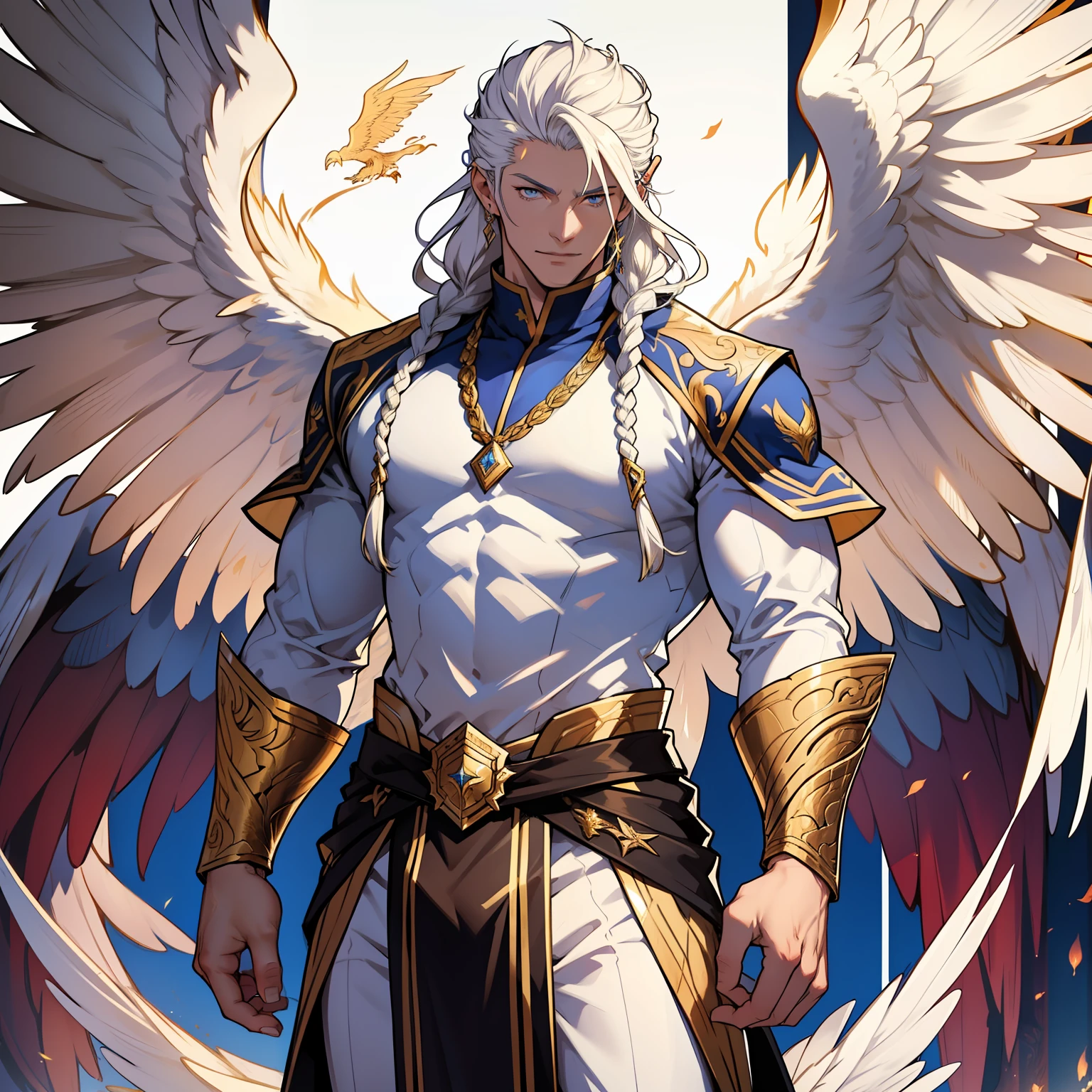 Caius is a handsome male, standing at 7 ft tall, he wears gold and white royal attire. His hair is long and white braided to the side. His eyes are golden brown. He has huge white wings. White Phoenix human form. Big bulge in pants. Detailed hands. Detailed body. Muscular male