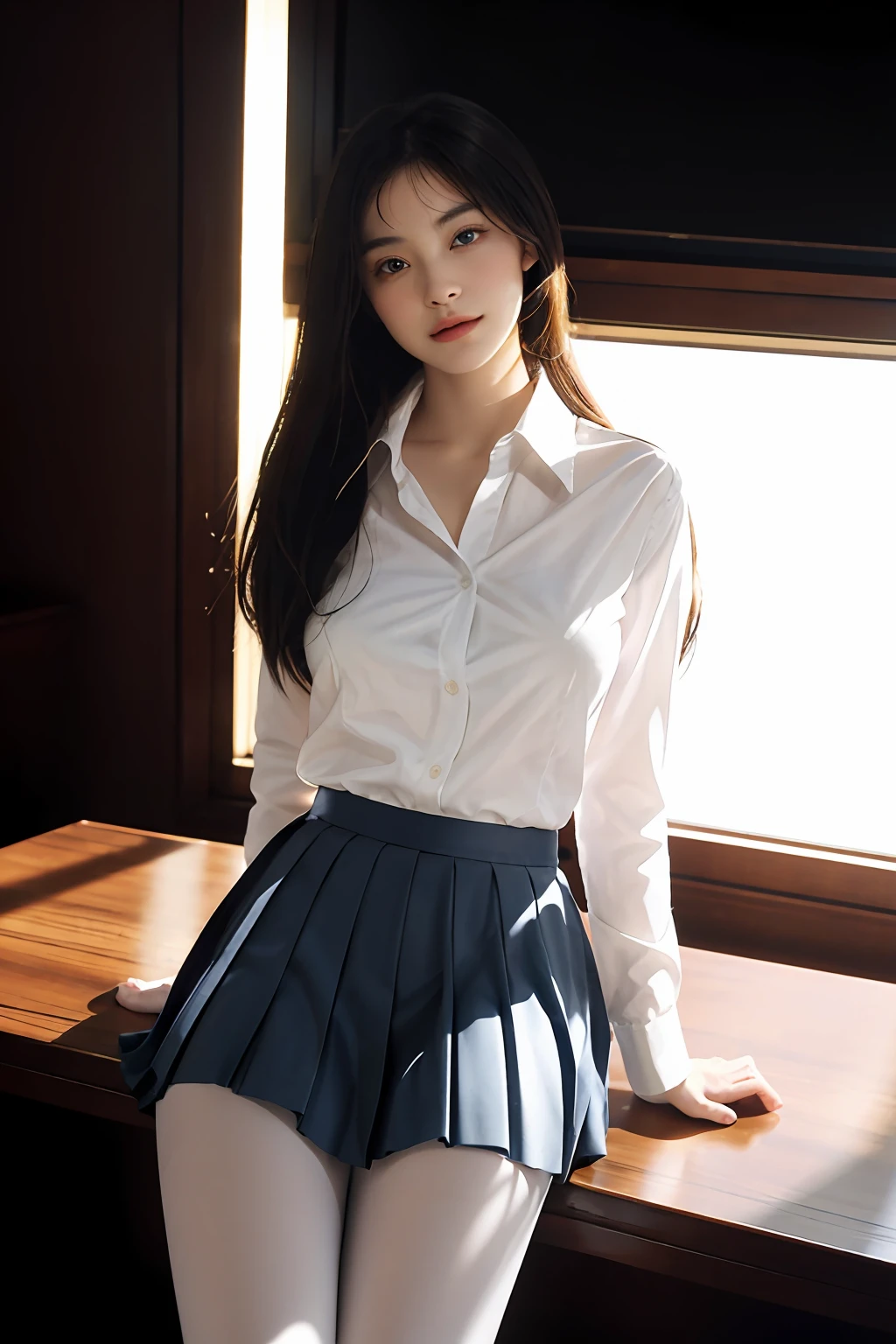 ultra realistic 8k cg, Picture-perfect face, Flawless, Clean, Masterpiece, Professional artwork, Famous artwork, Perfect face, Beautiful face, Beautiful eyes, ((Perfect female body)), Solo,(Immersive atmosphere, Chiaroscuro:1.5,Bright light:1.2,luminouslighting) ,,(Blush:0.5),Seductive expression,Extremely detailed_Eyes,Thick thighs,Large breasts, beautifullydetailedbackground,Depth of field,Realistic:1.3, Long shot,1girll,shirt,Pleated skirt, school uniform, Sitting, full bodyesbian, (Ambient light:1.3),(Cinematic composition:1.3),(Neon lights:0.1),(hdr:0.1),emphasis lighting, White pantyhose, Complex body movements