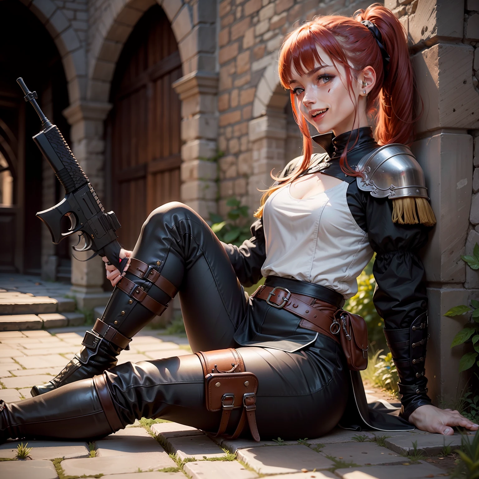 Best quality, full body portrait, delicate face, pretty face, 21 year old woman, red haired, short ponytail, two slash scars on top of eye, slim figure, small bust,black uniform, medieval assassin clothes, outdoor scene, sitting position, medieval times, assassin, mercenary, Gunslinger, weapon master, gun lover, crazy, smug and cocky laugh