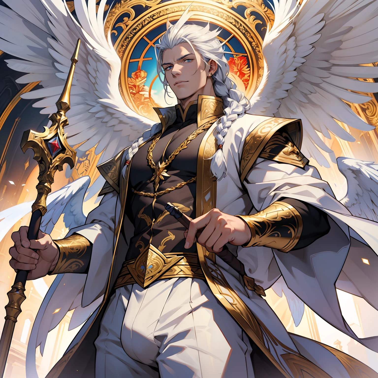 Caius is a handsome male, standing at 7 ft tall, he wears gold and white royal attire. His hair is long and white braided to the side. His eyes are golden brown. He has huge white wings. White Phoenix human form. Big bulge in pants. Detailed hands. Detailed body. Muscular male. He wears white clothes and holds a staff