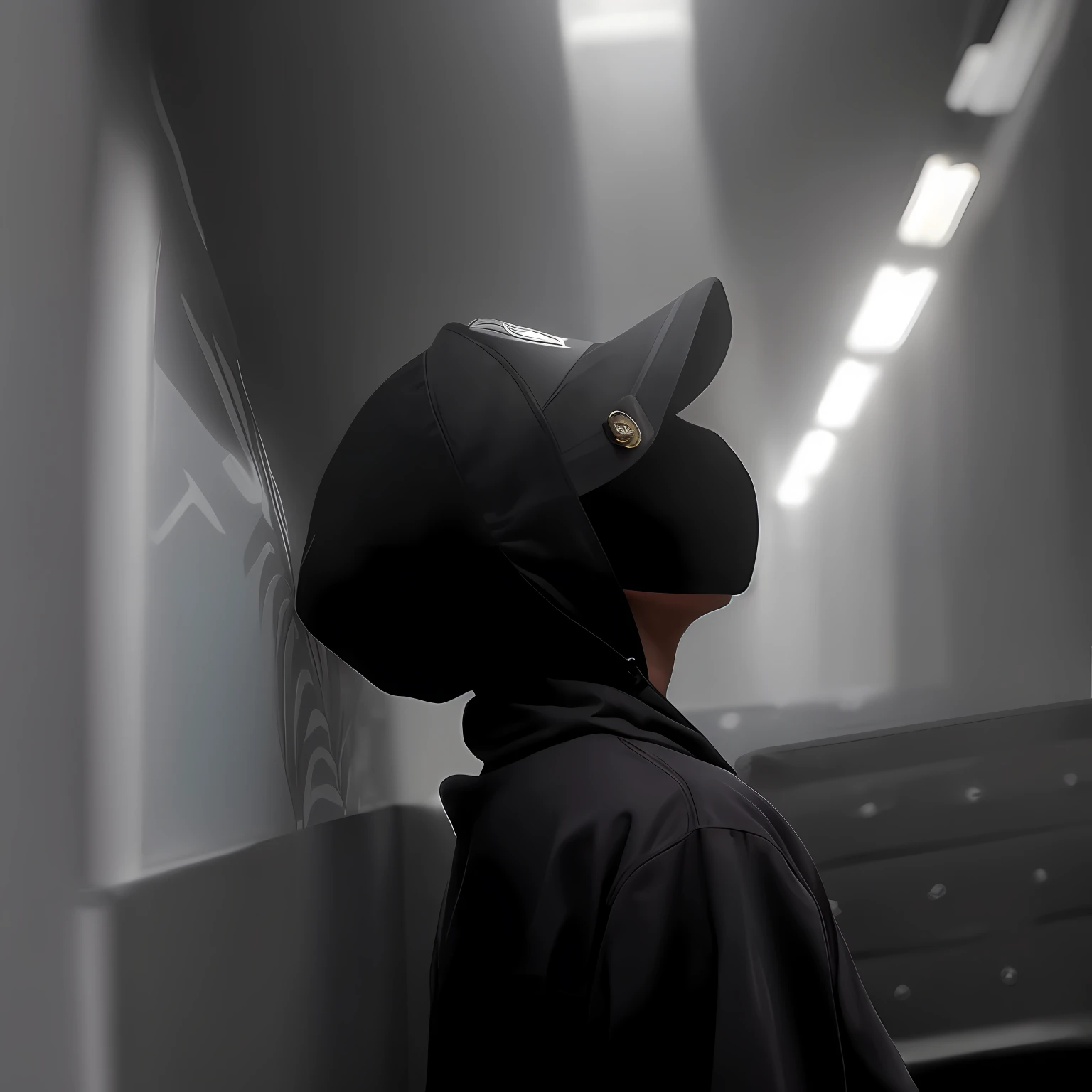 there is a man wearing a black hat and a black jacket, dark visor covering face, masked person in corner, lit from the side, hat and hoodie, wearing a dark hood, dark visor covering eyes, dark visor covering top of face, wearing a hood, wearing all black mempo mask, with a covered face, with rap cap on head