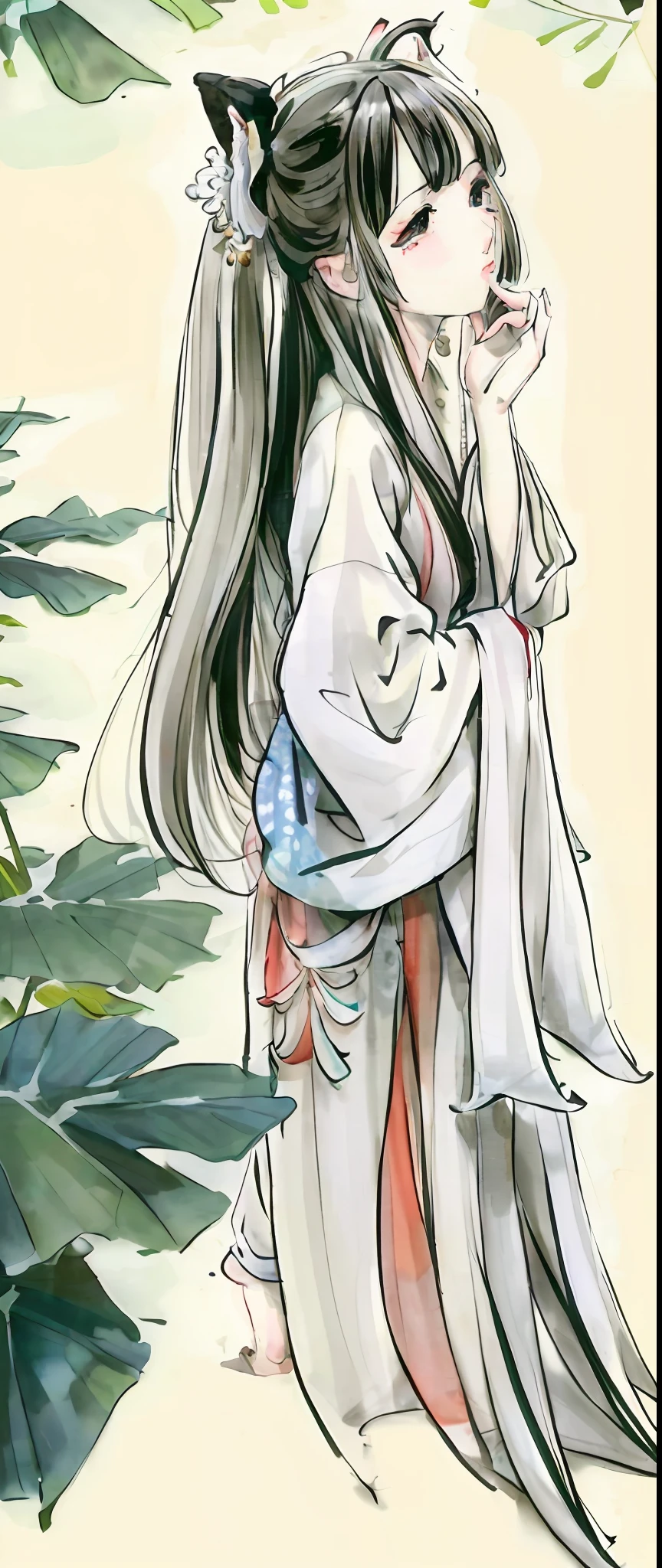 ((4k,masterpiece,best quality)), shuimobysim, Chinese painting, lotus, hanfu, maxiskit, dressed conservative 1 girl, solo, white hair, long hair, fox ears, white, bikini, fish, many fish close to the girl, looking at the audience, teasing