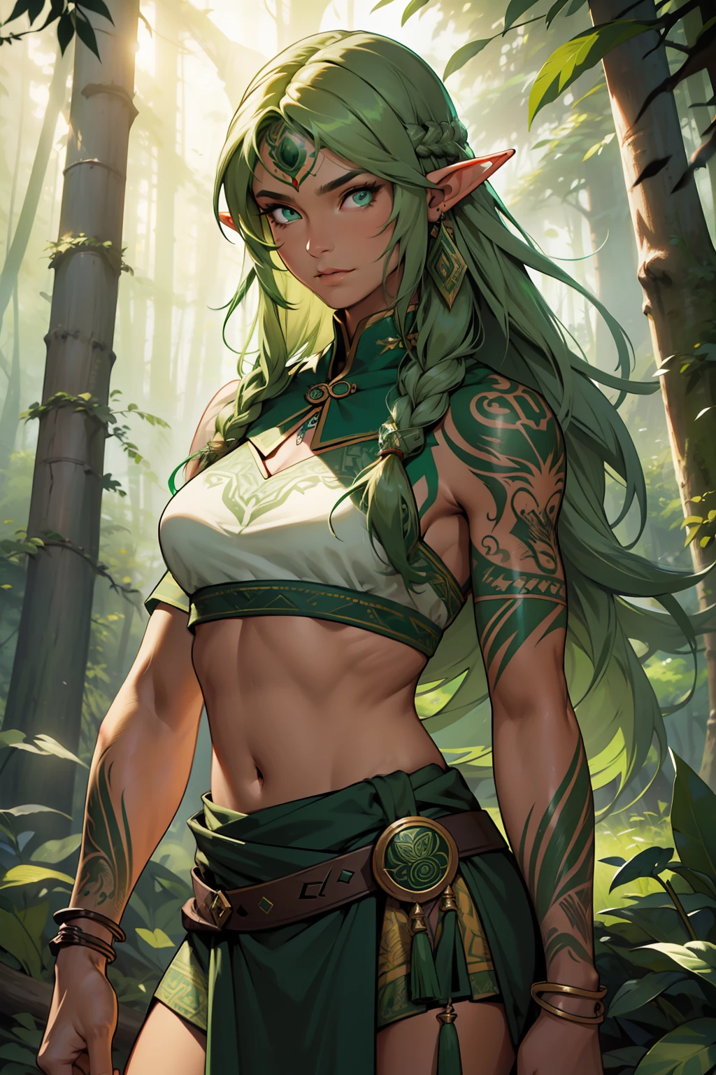 Masterpiece,Best quality,Elven female, Fit in shape, green long hair，Big waves，Bronzed complexion,heroic look,Indian civilization，archer, shaman，hunters，Tattooed with，Facial details, The face is delicate，Animal skin skirt，Green hair，ln the forest，depth of fields