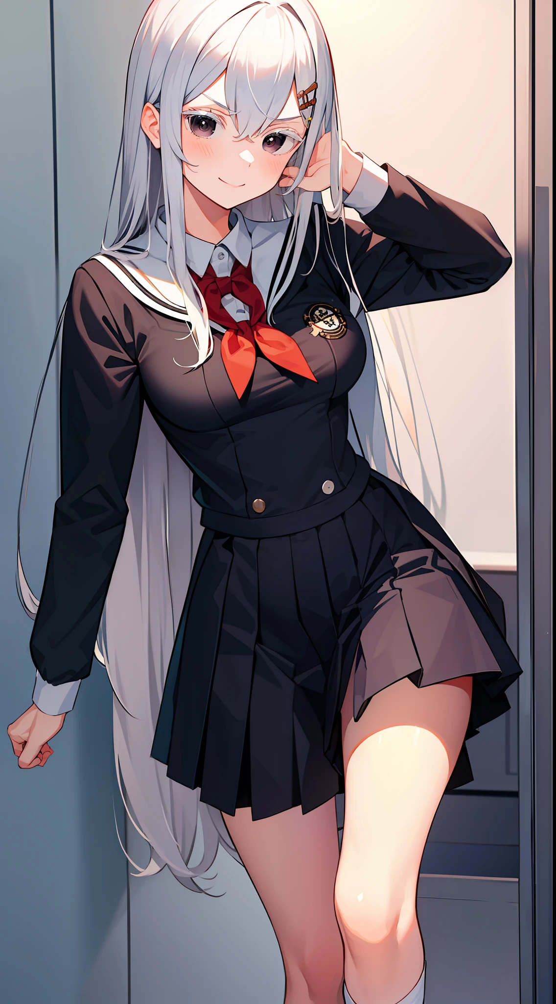 school sailor uniform, at school, near shoe lockers, arrogant expression, domineering smile, masterpiece, best quality, silver hair, black eyes