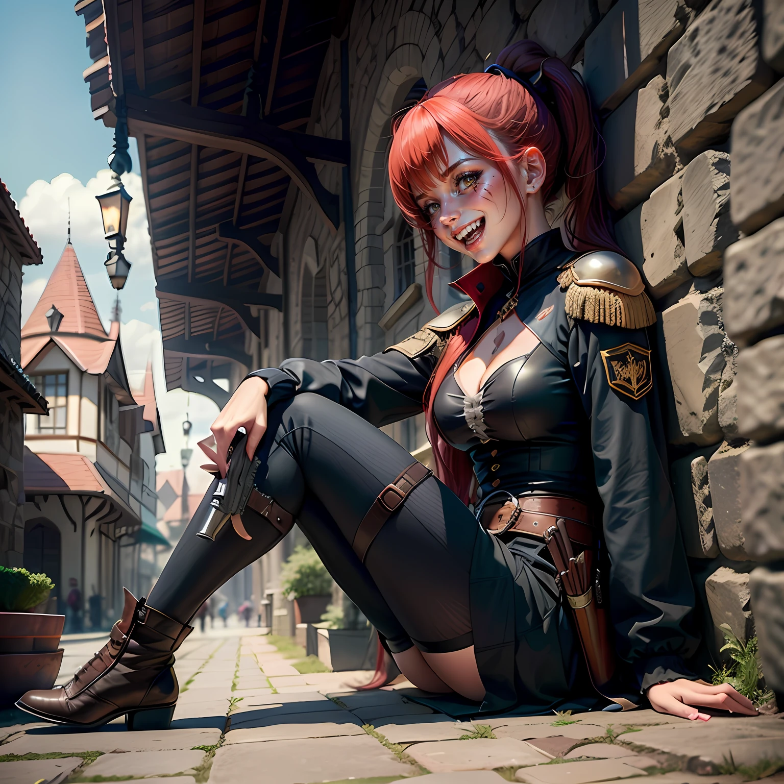 Best quality, full body portrait, delicate face, pretty face, 21 year old woman, red haired, short ponytail, two slash scars on top of eye, slim figure, small bust,black uniform, medieval assassin clothes, outdoor scene, sitting position, medieval times, assassin, mercenary, Gunslinger, weapon master, gun lover, crazy, smug and cocky laugh, good teeth