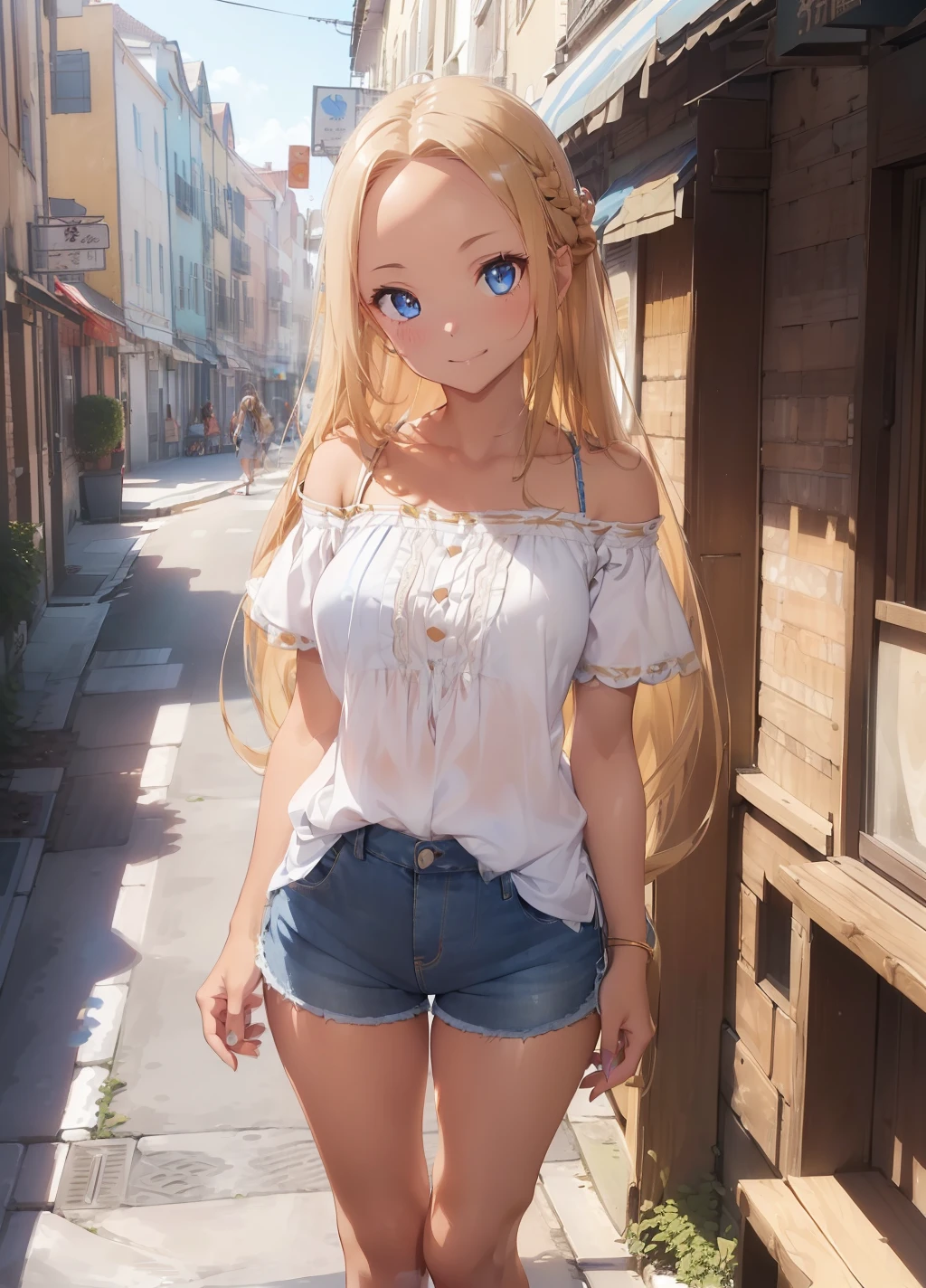 ((masterpiece))、((best qualtiy)、(Super Detail)、8K、Delicate depictions are filmed in anime style。(natta:1.2)、 、(Very long hair、a blond、blue eyess)、(Bring out your forehead:1.2)、Side tail、Her blue eyes are highlighted。 The overall tone is brighter、She's lying。,shoulder off、Short sleeve blouse、Jeans shorts、(skin tanned,Wheat-toned skin:1.2),in a street、Speak on a precision smartphone、A smile、(full body Esbian)