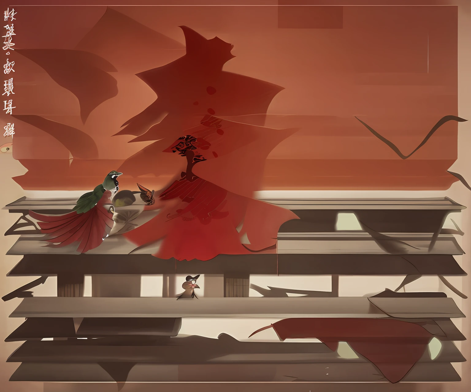 There is a poster，There is a bird and a bird on it, Japanese inspired poster, poster for, Overlay Chinese text, Middle metaverse, 中 国 鬼 节, inspired by Gao Cen, inspired by Zhou Jichang, Inspired by Wang Wei, inspired by Wang Yi, Poster design, inspired by Huang Tingjian