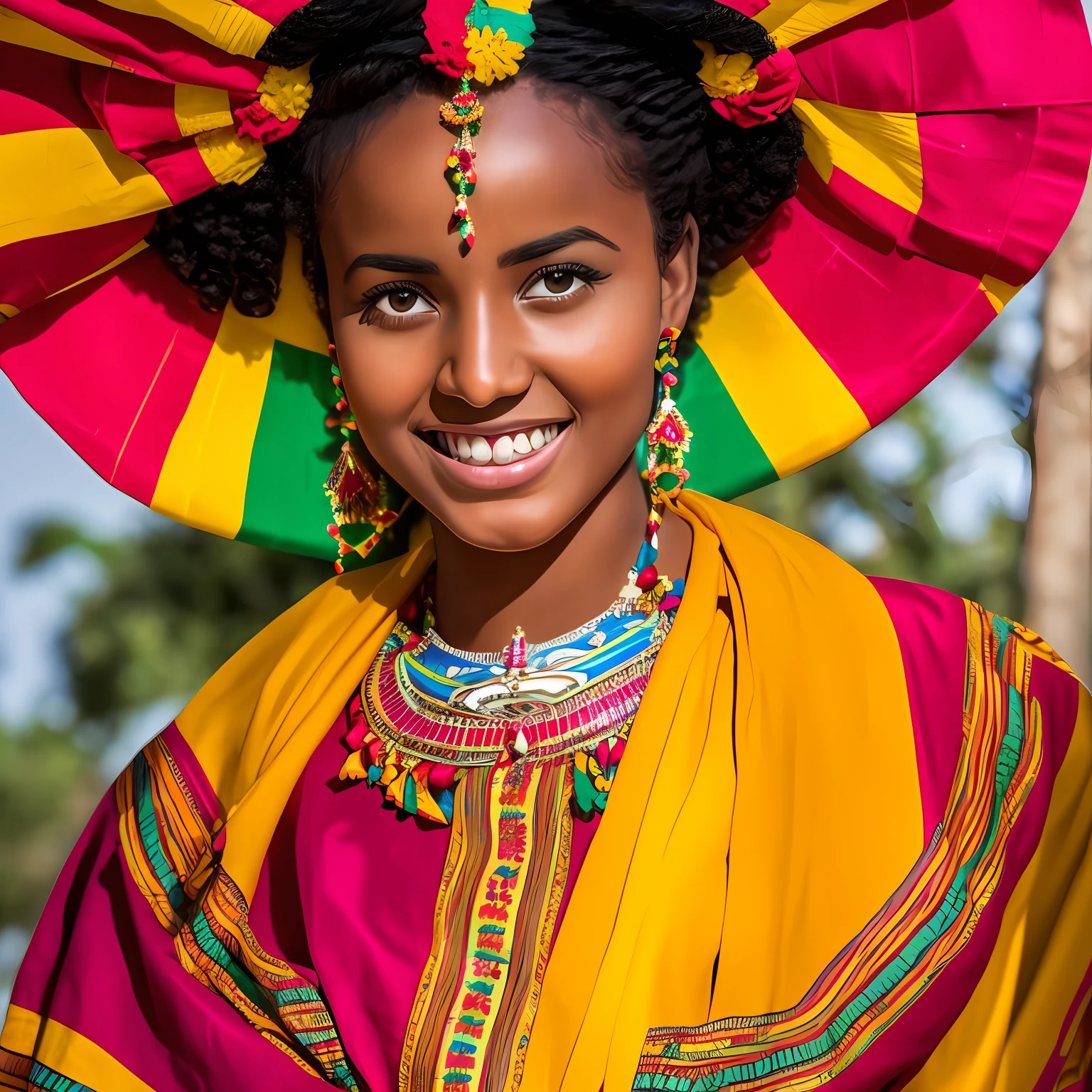 "Capture the elegance and grace of a young Ethiopian woman adorned in vibrant traditional clothing. Illuminate her features, highlighting her radiant smile and captivating eyes.   Let the artwork evoke a sense of pride, beauty, and resilience as it showcases the timeless allure of Ethiopian traditions.", white Brunette, full body, curvy, heavenly background, big breasts,  bigger ass, clean teeth