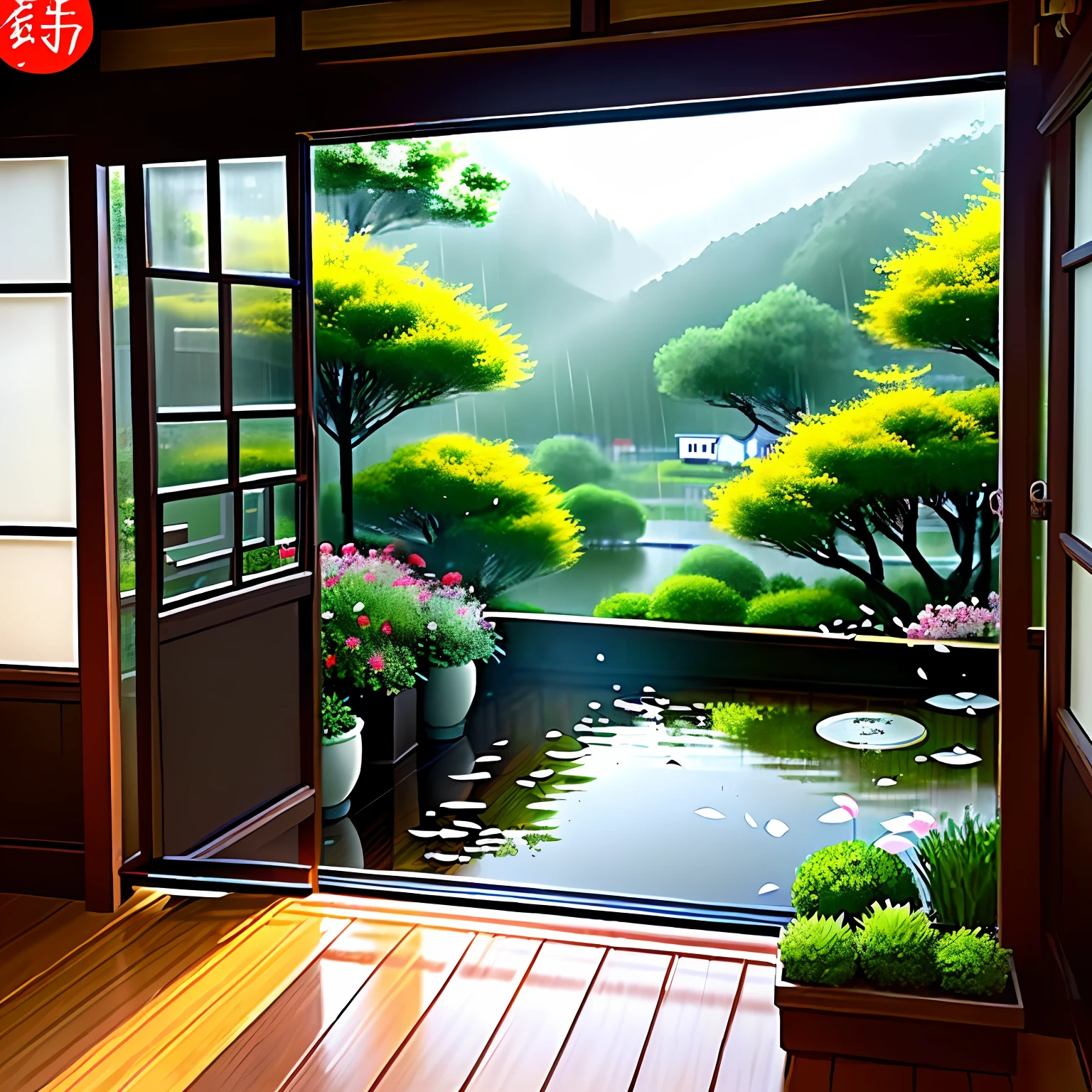 (tmasterpiece)(high qulity)《Chunxiao》Spring sleep does not dawn,Birds are heard everywhere。The sound of wind and rain at night,How much flowers fall。Early morning chalet window,Storm,Thick white clouds float,Flowers and plants hanging dew and petals along the path。