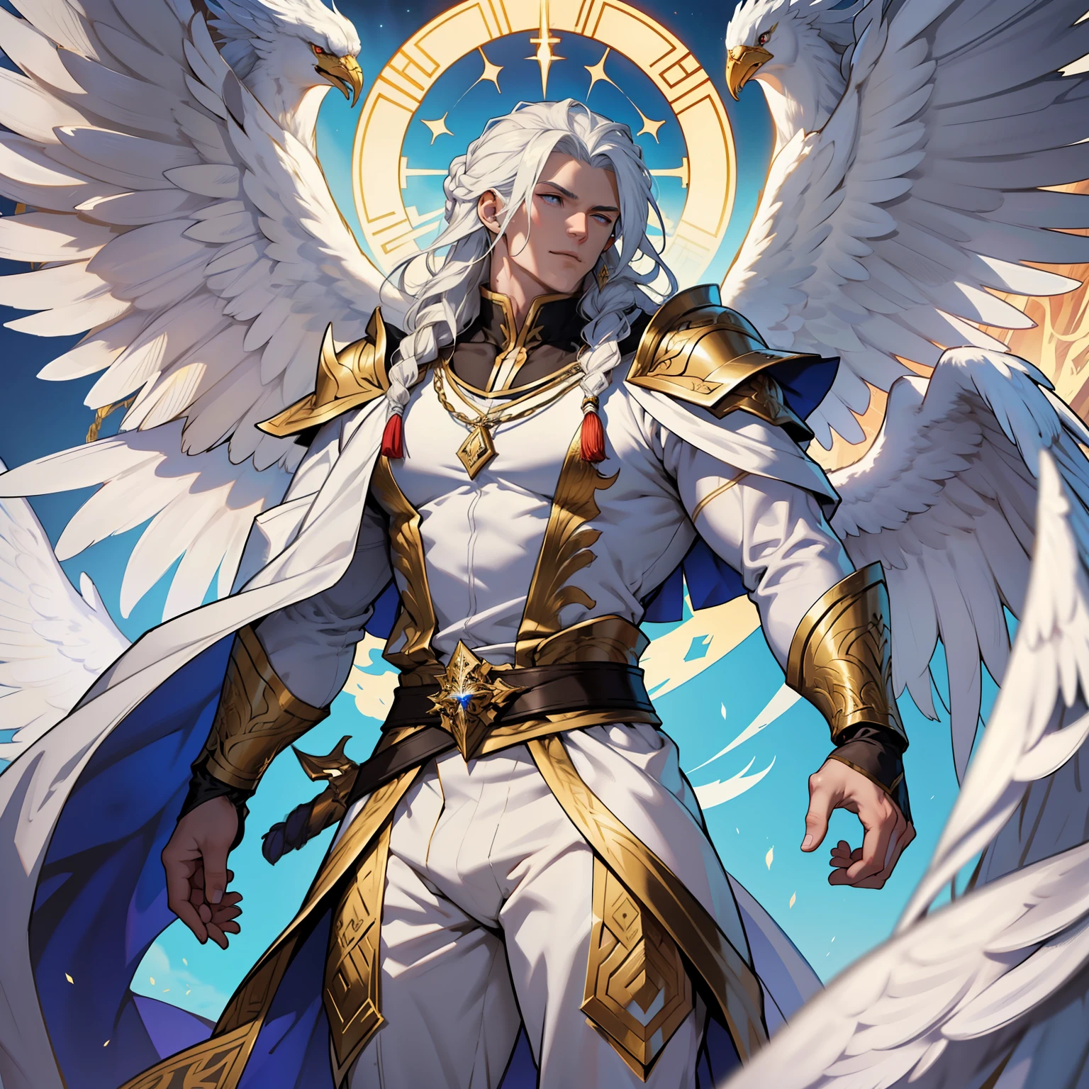 Caius is a handsome male, standing at 7 ft tall, he wears gold and white royal attire. His hair is long and white braided to the side. His eyes are golden brown. He has huge white wings. White Phoenix human form. Big bulge in pants. Detailed hands. Detailed body. Muscular male. He wears white clothes and holds a staff