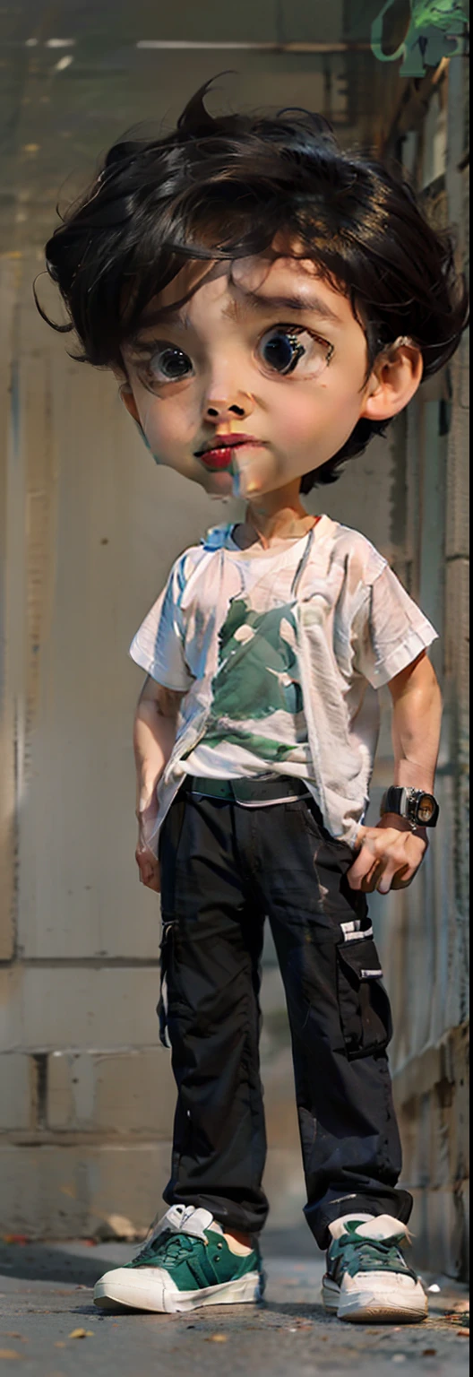 A black wave haired boy, , brown eyes , 3d game style, multiple expressions and poses,
character sheet, full body, white T-shirt, green cargo pants, white shoes