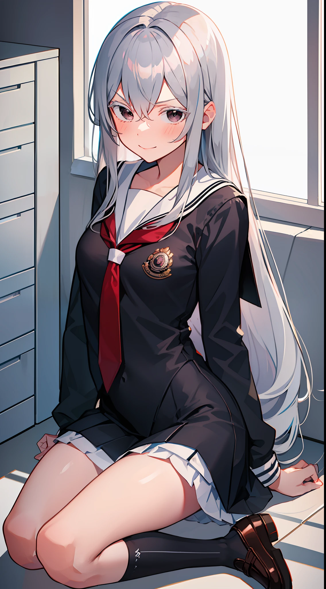 school sailor uniform, at school, near shoe lockers, arrogant expression, domineering smile, masterpiece, best quality, silver hair, black eyes