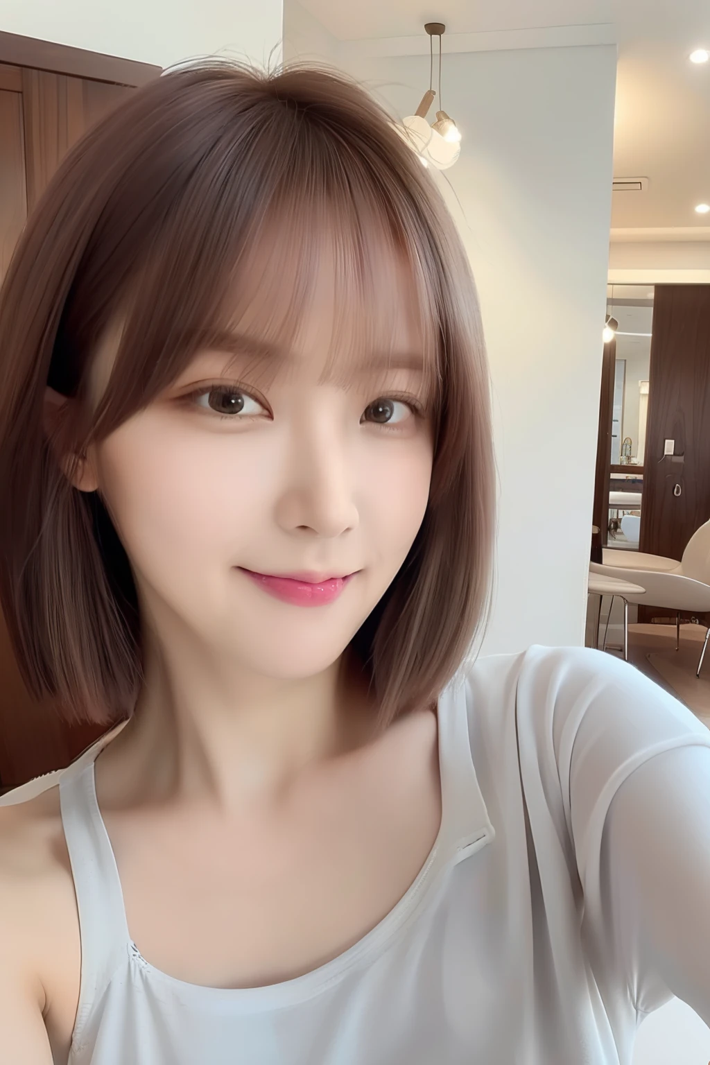 Close-up portrait of a playful maid，Cut your hair short，pyjamas，amazing body，Pronounced femininity，plumw，Bedrooms，[Gray-gold|Turmeric|Pink hair]，pop star，Flirt with the camera，self-shot