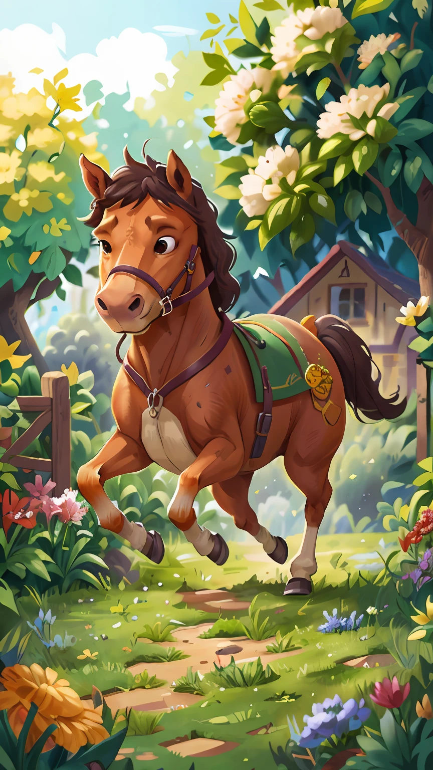 A horse is running in a garden, is scared, scared, perfect quality, clear focus (mess - house: 0.8), (masterpiece: 1.2) (Realistic: 1.2) (Bokeh) (Best quality) (Detailed Skin: 1.3) (Intricate Details) (8K) (Eye Detail) (Sharp Focus), (Unhappy)