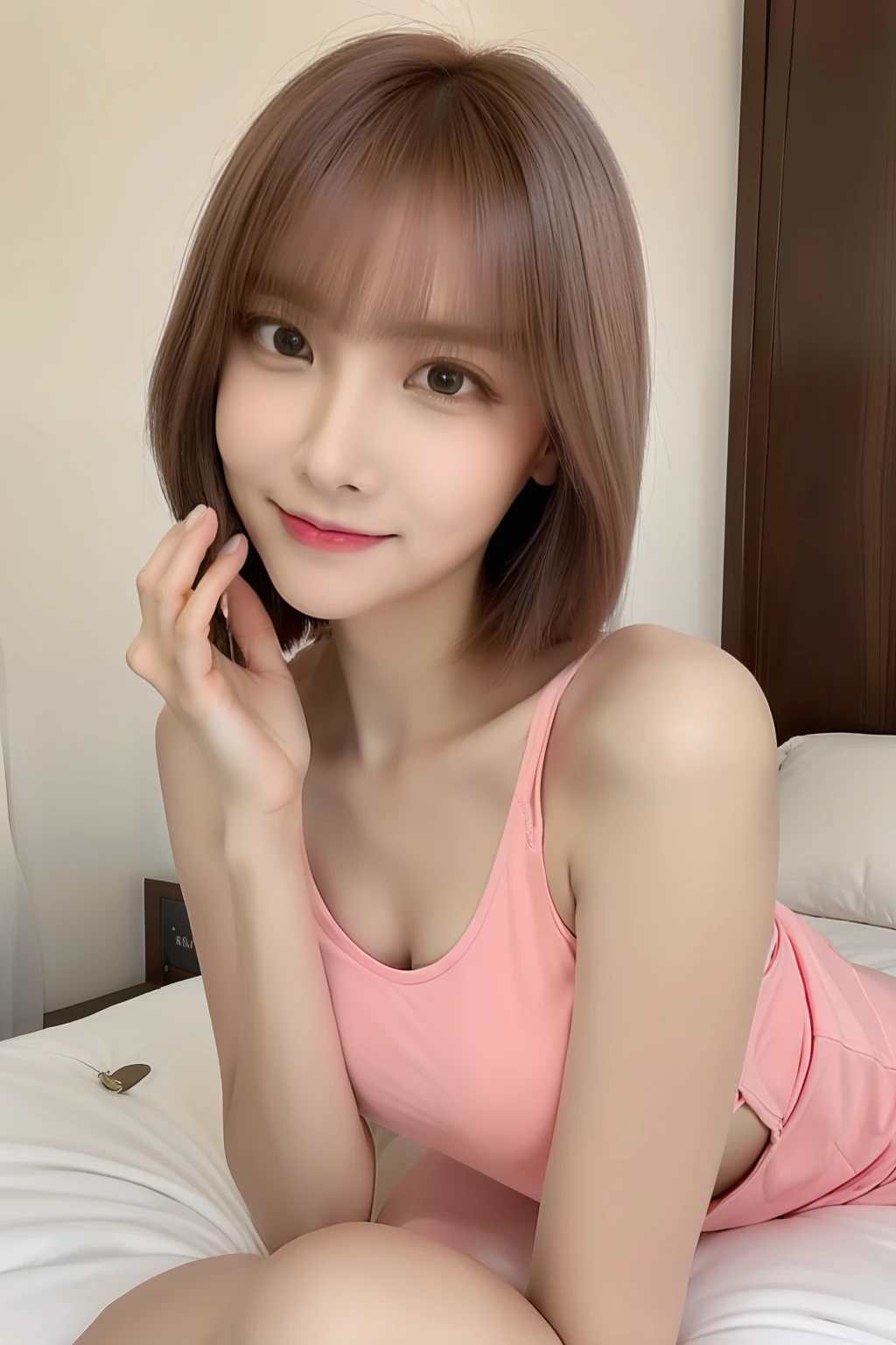 Close-up portrait of a playful maid，Cut your hair short，pyjamas，amazing body，Pronounced femininity，plumw，Bedrooms，[Gray-gold|Turmeric|Pink hair]，pop star，Flirt with the camera，self-shot